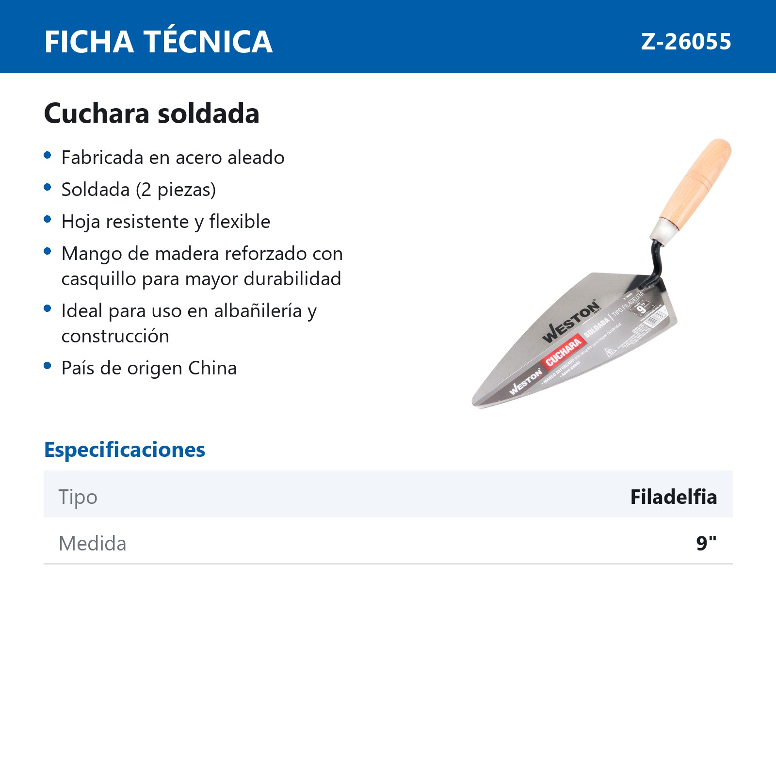 CUCHARA SOLDADA TIPO FILADELFIA 9" MANGO D/MADERA - Imagen 4