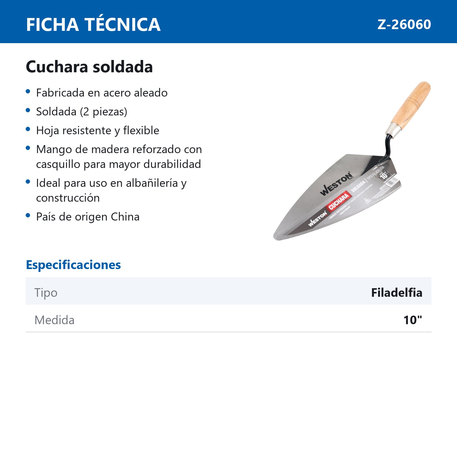 CUCHARA SOLDADA TIPO FILADELFIA 10" MANGO D/MADERA - Imagen 4