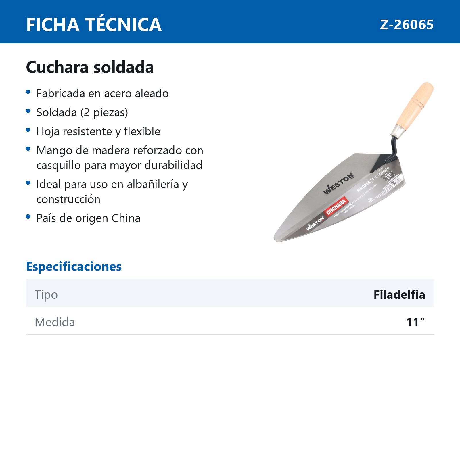 CUCHARA SOLDADA TIPO FILADELFIA 11" MANGO D/MADERA - Imagen 3