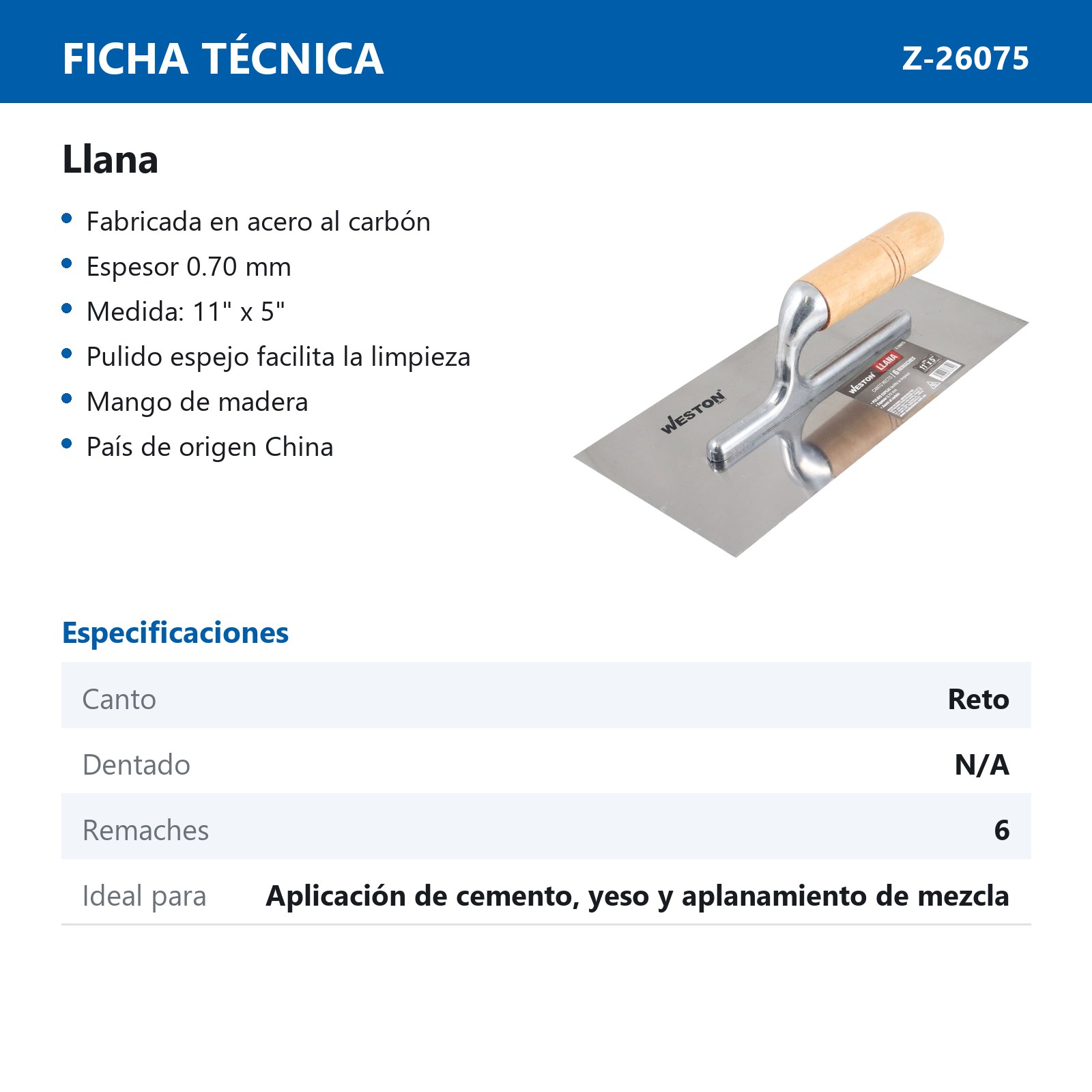 LLANA CANTO RECTO 11" X 5" 6 REMACHES MANGO D/MADERA - Imagen 2