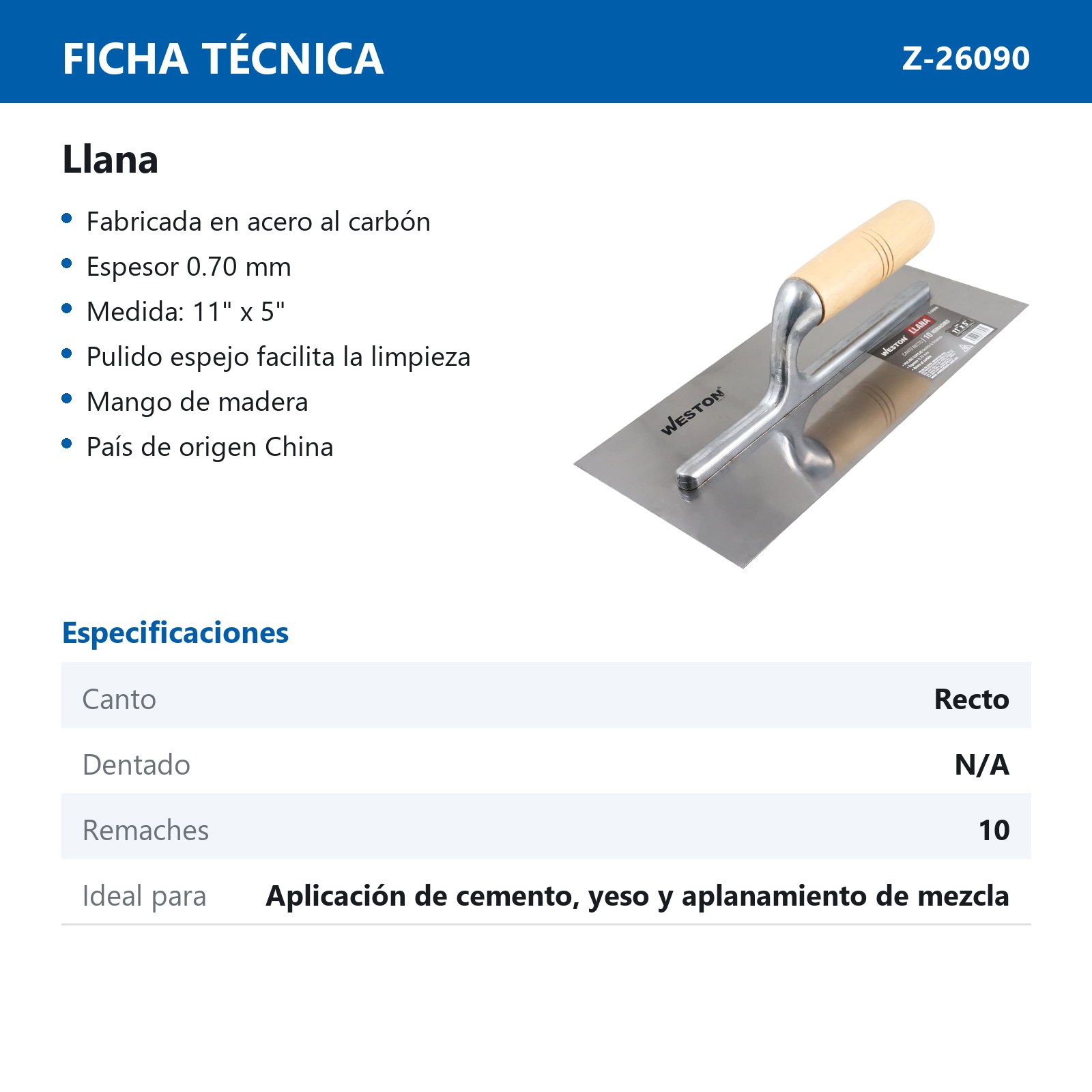LLANA CANTO RECTO 11" X 5" 10 REMACHES MANGO D/MADERA - Imagen 2