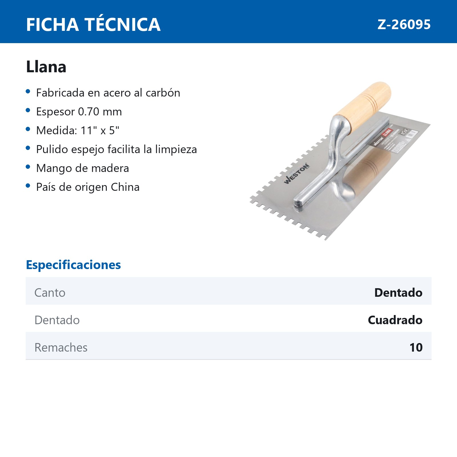 LLANA CANTO DENTADO CUADRADO 11" X 5" 10 REMACHES MANGO D/MADERA - Imagen 3