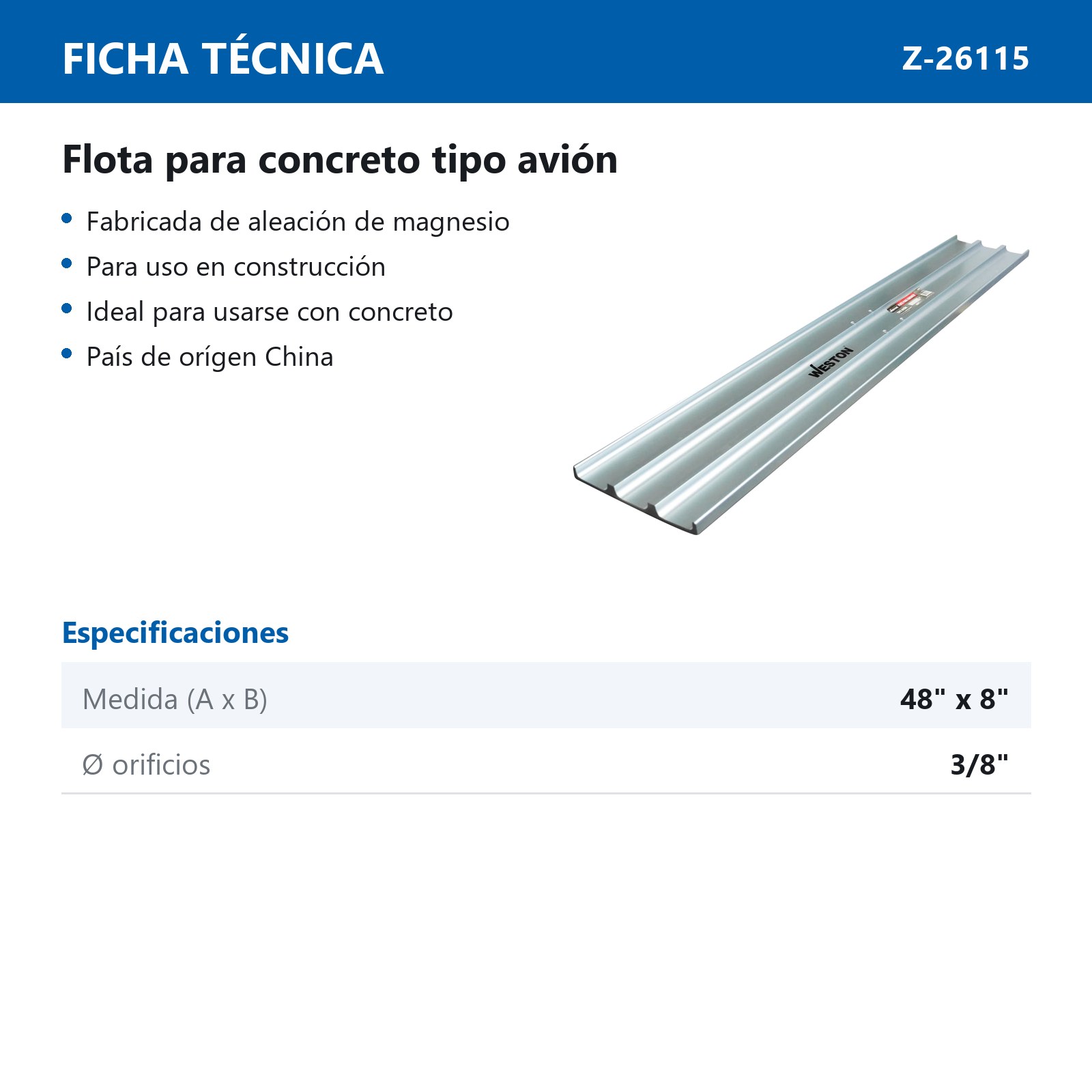 FLOTA PARA CONCRETO TIPO AVION 48" X 8" - Imagen 2