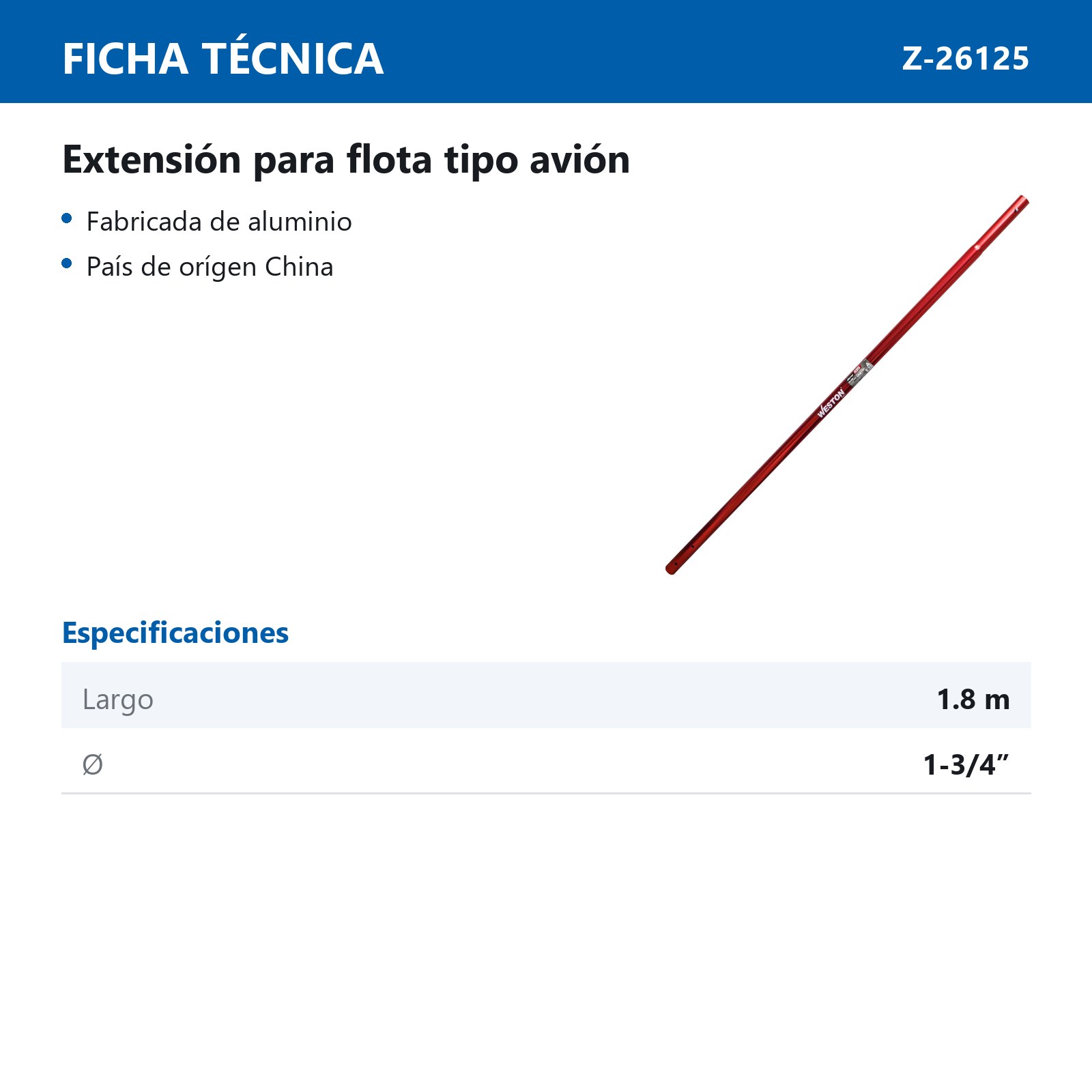 EXTENSION PARA FLOTA TIPO AVION 1-3/4" x 1.8 m - Imagen 3