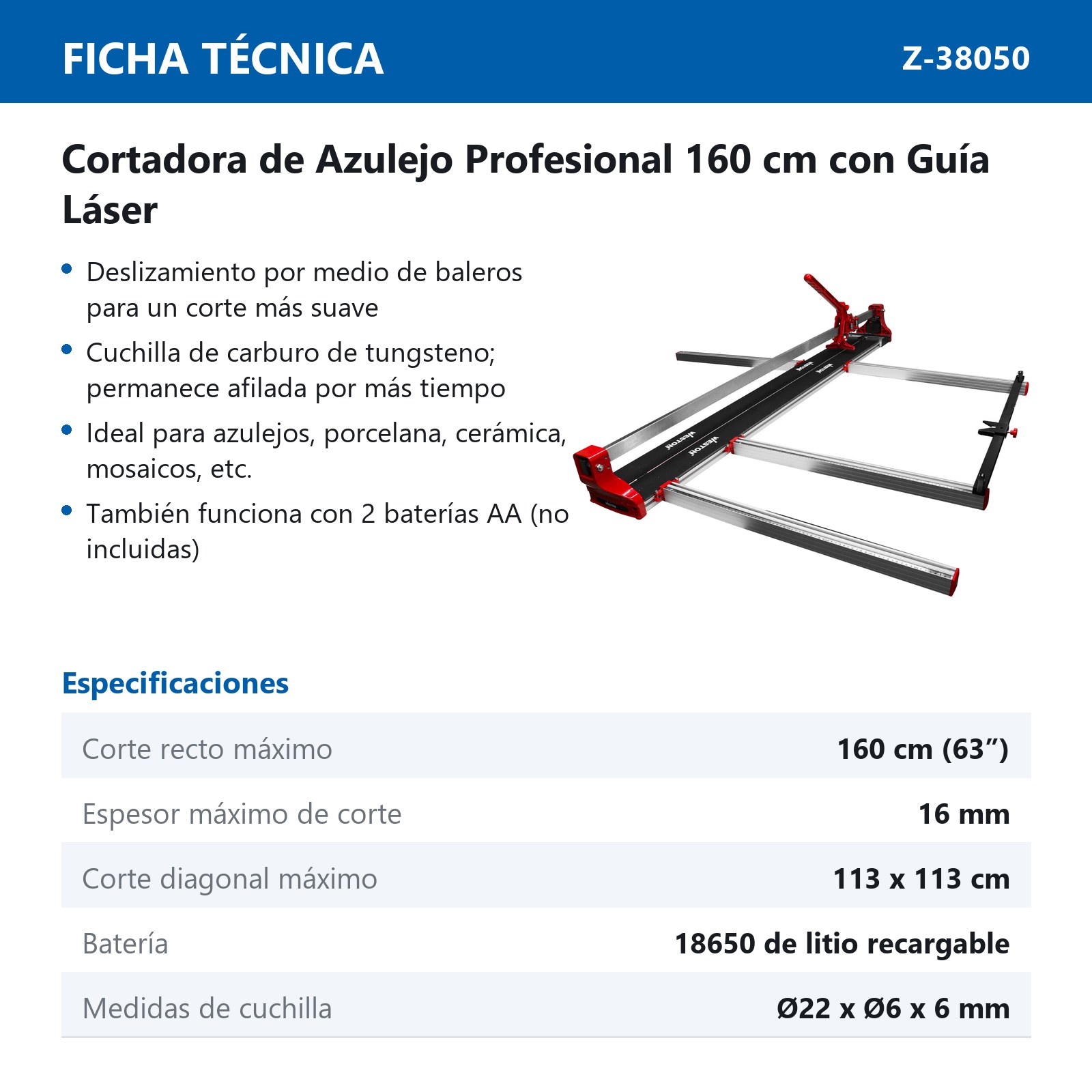 CORTADORA DE AZULEJO 63" CON GUIA LASER - Imagen 3
