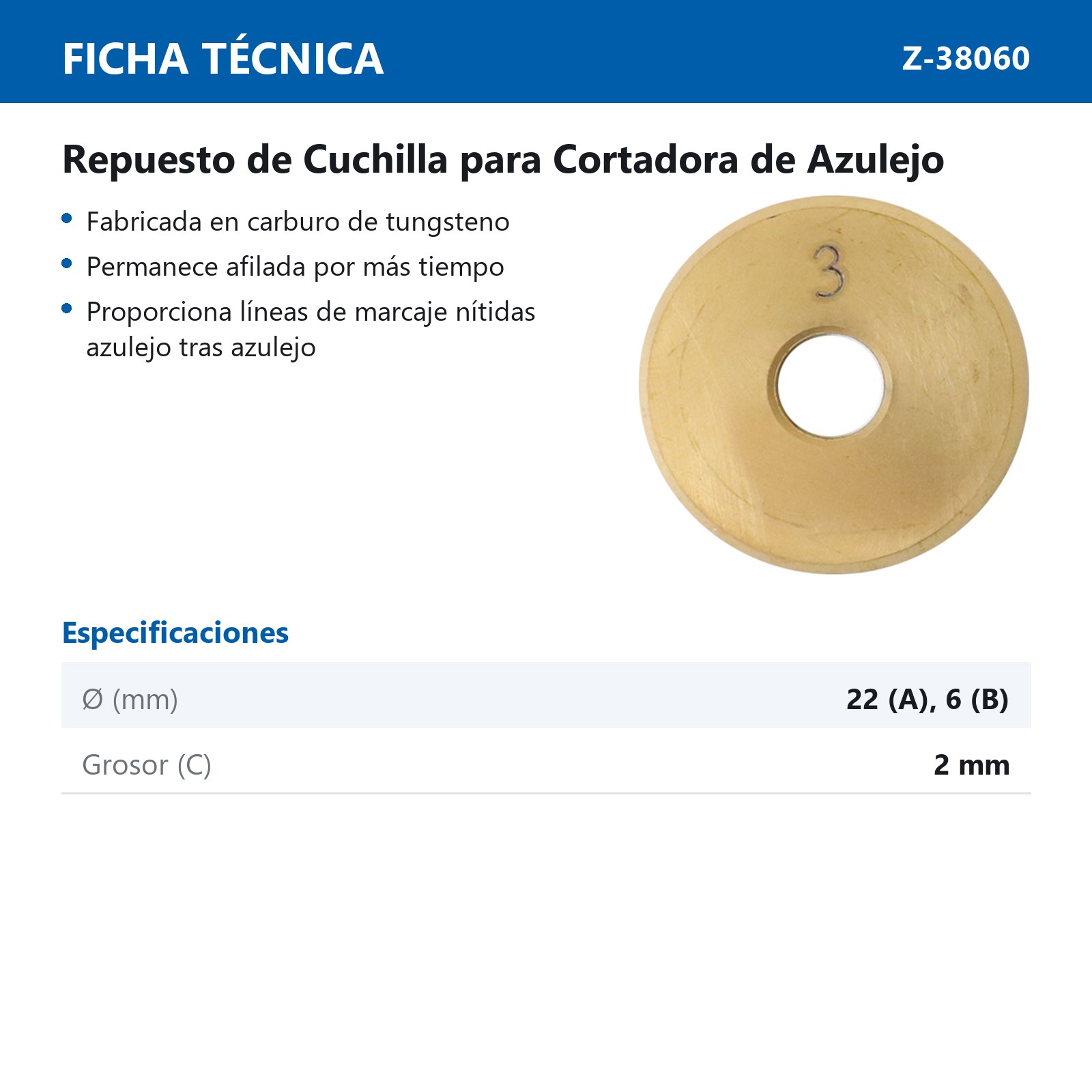 CUCHILLA D/CARBURO C. RECUB. D/TITANIO ØEXT. 22mm X ØINT. 6mm X ESPESOR 2mm P/CORTADORA Z-38039 - Imagen 3