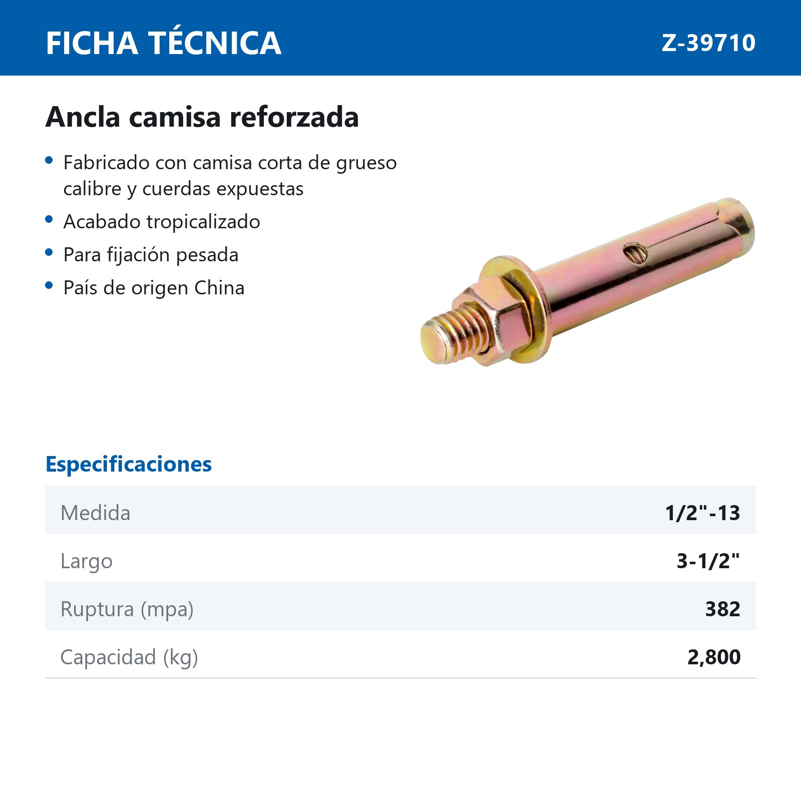 ANCLA CAMISA REFORZADA 1/2"-13 X 3-1/2" TROP. (Precio x pieza- Empaque c/50 pzas) - Imagen 3