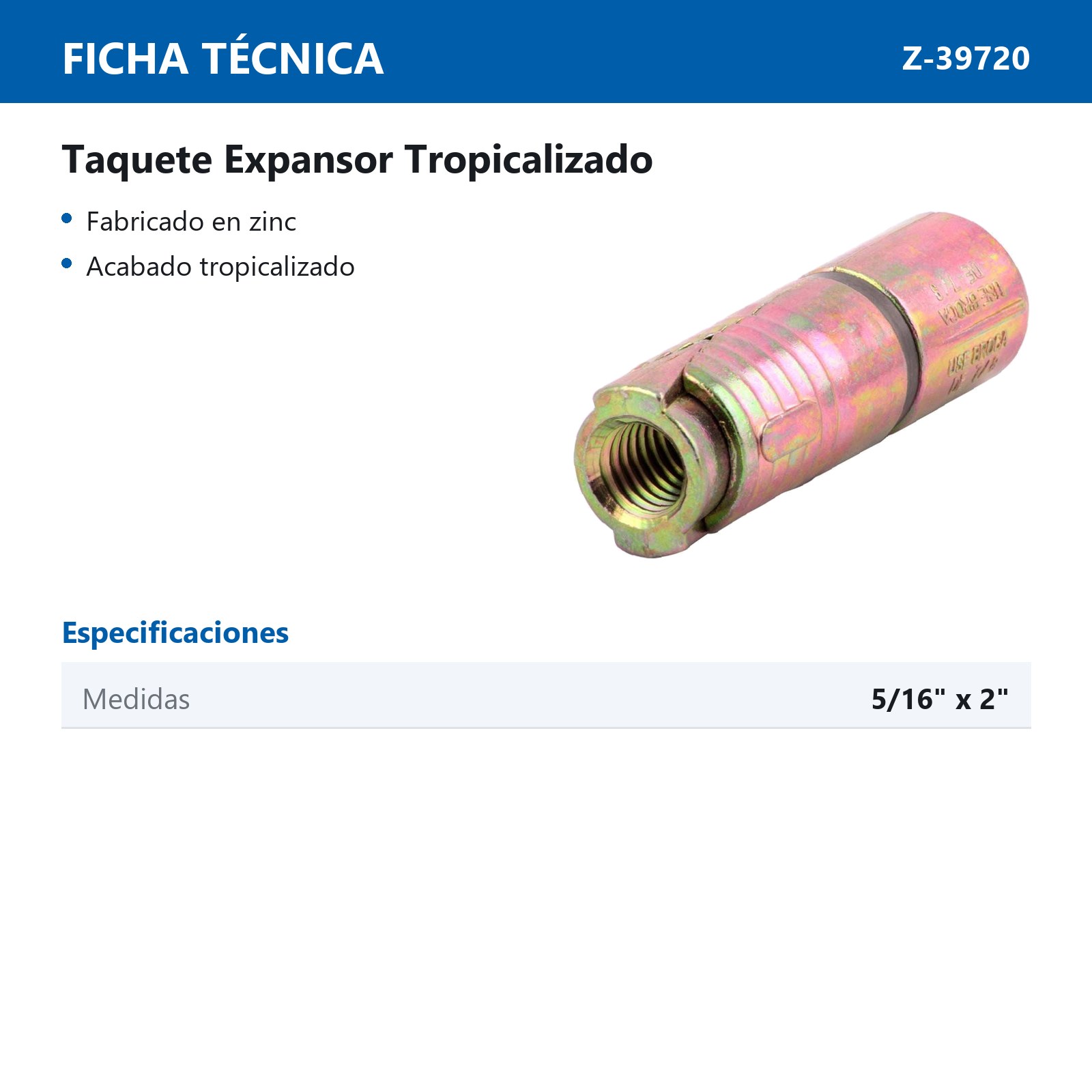 TAQUETE EXPANSOR 5/16"-18 X 2" (Precio x Pieza - Caja c/50 pzs) - Imagen 3