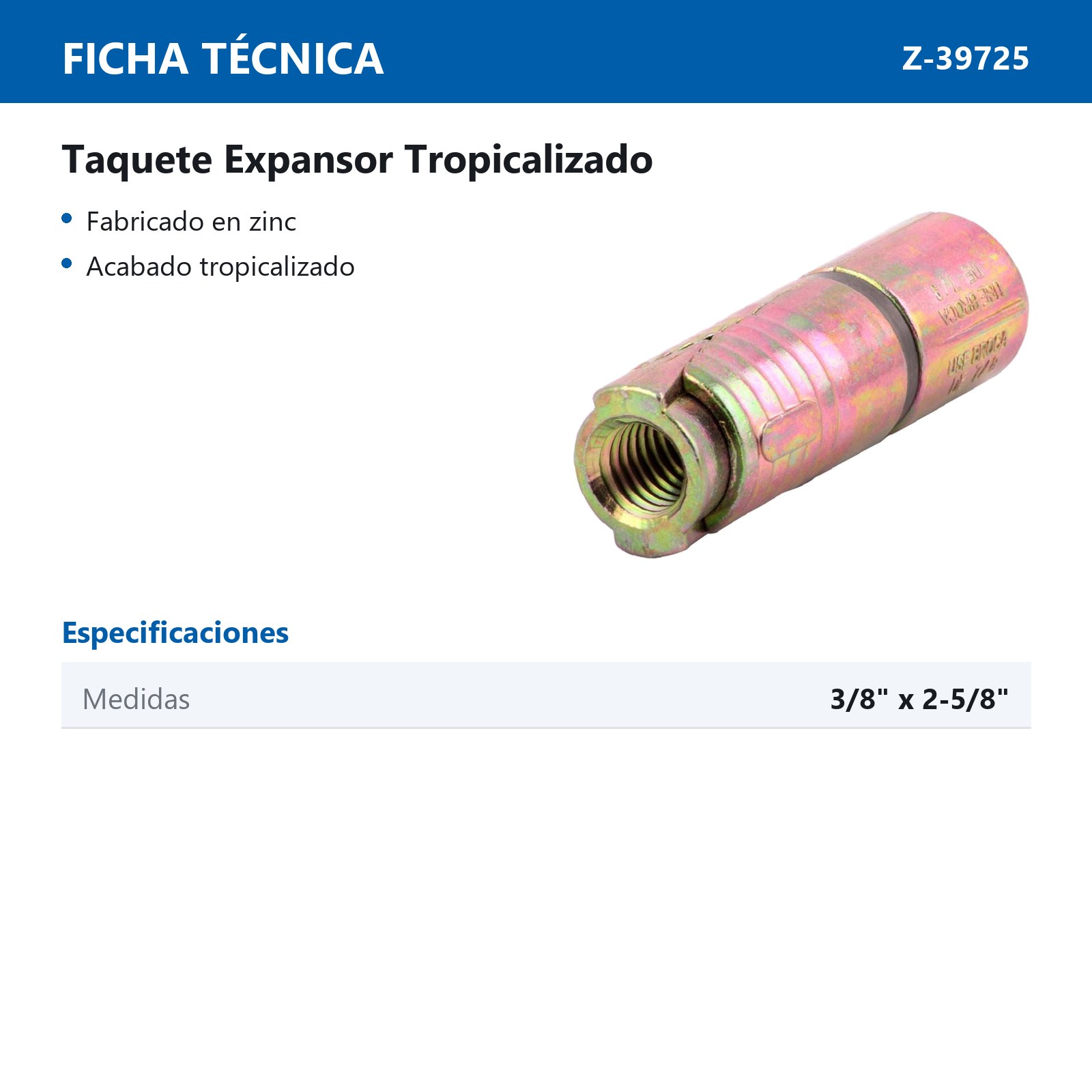 TAQUETE EXPANSOR 3/8" X 2-5/8" (Precio x Pieza - Caja c/50 pzs) - Imagen 3