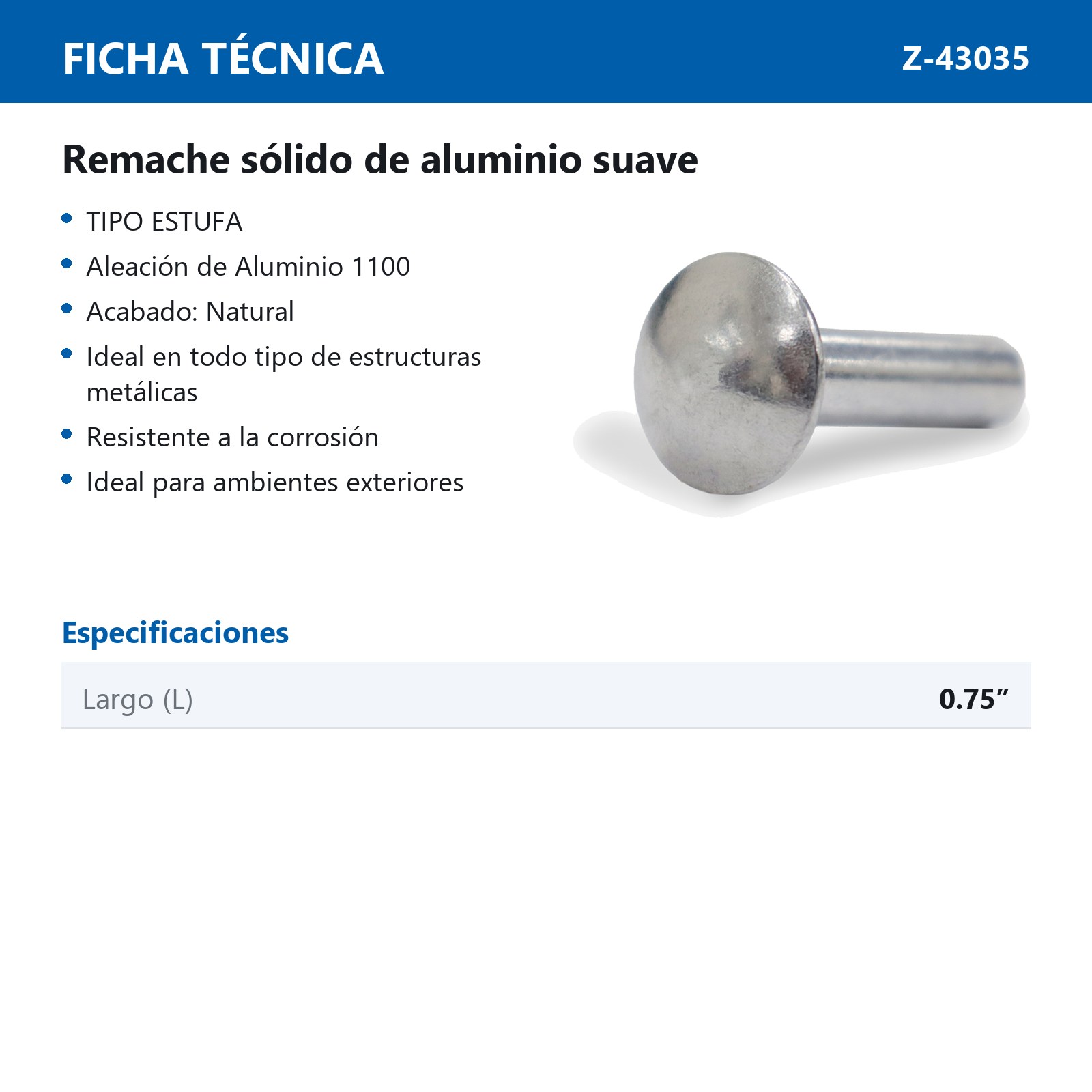 REMACHE SOLIDO DE ALUMINIO SUAVE 1/4" x 3/4" (Precio x Bolsa - Bolsa c/1 kg) - Imagen 4