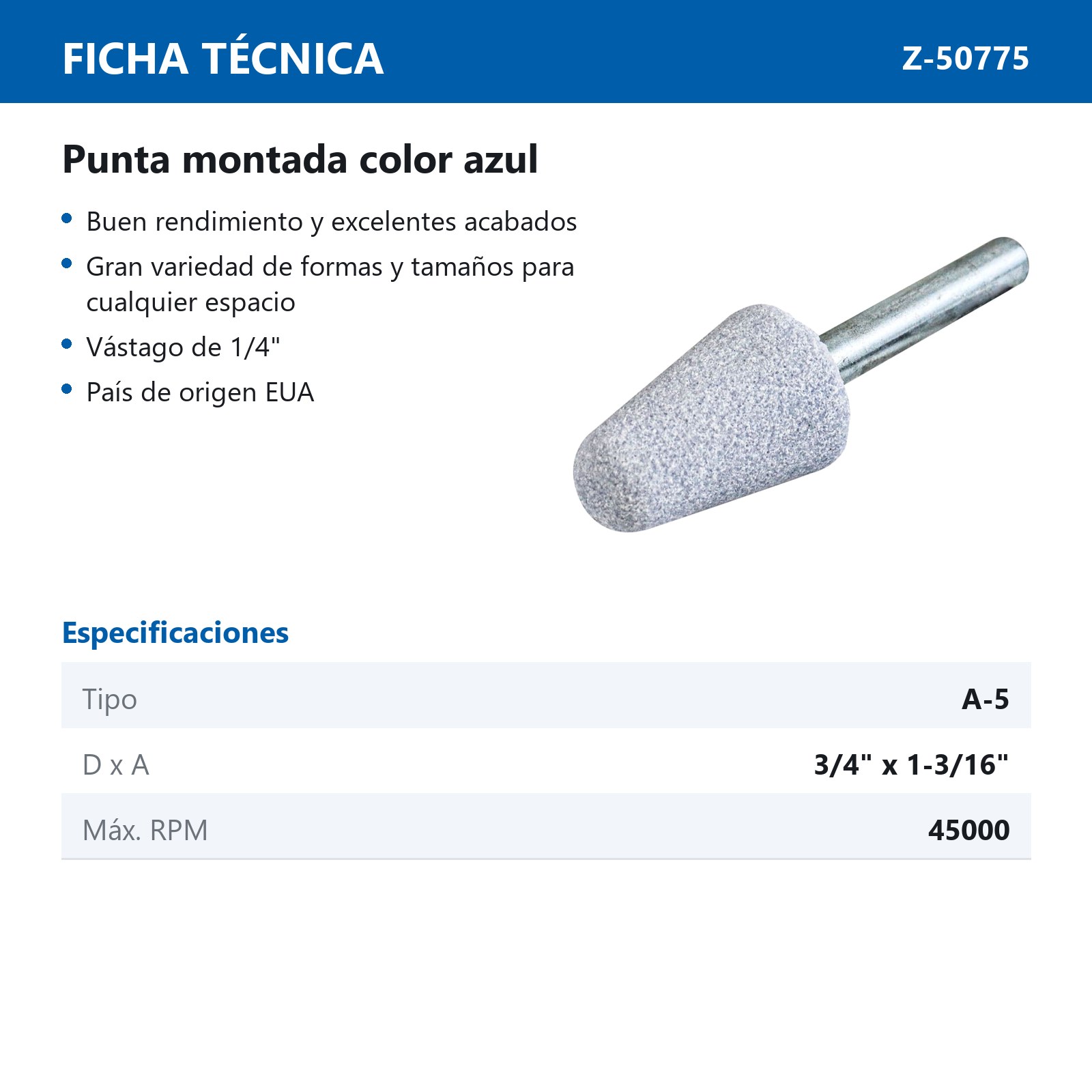 PUNTA MONTADA TIPO 'A5' ZT4 G60  AZUL - Imagen 2