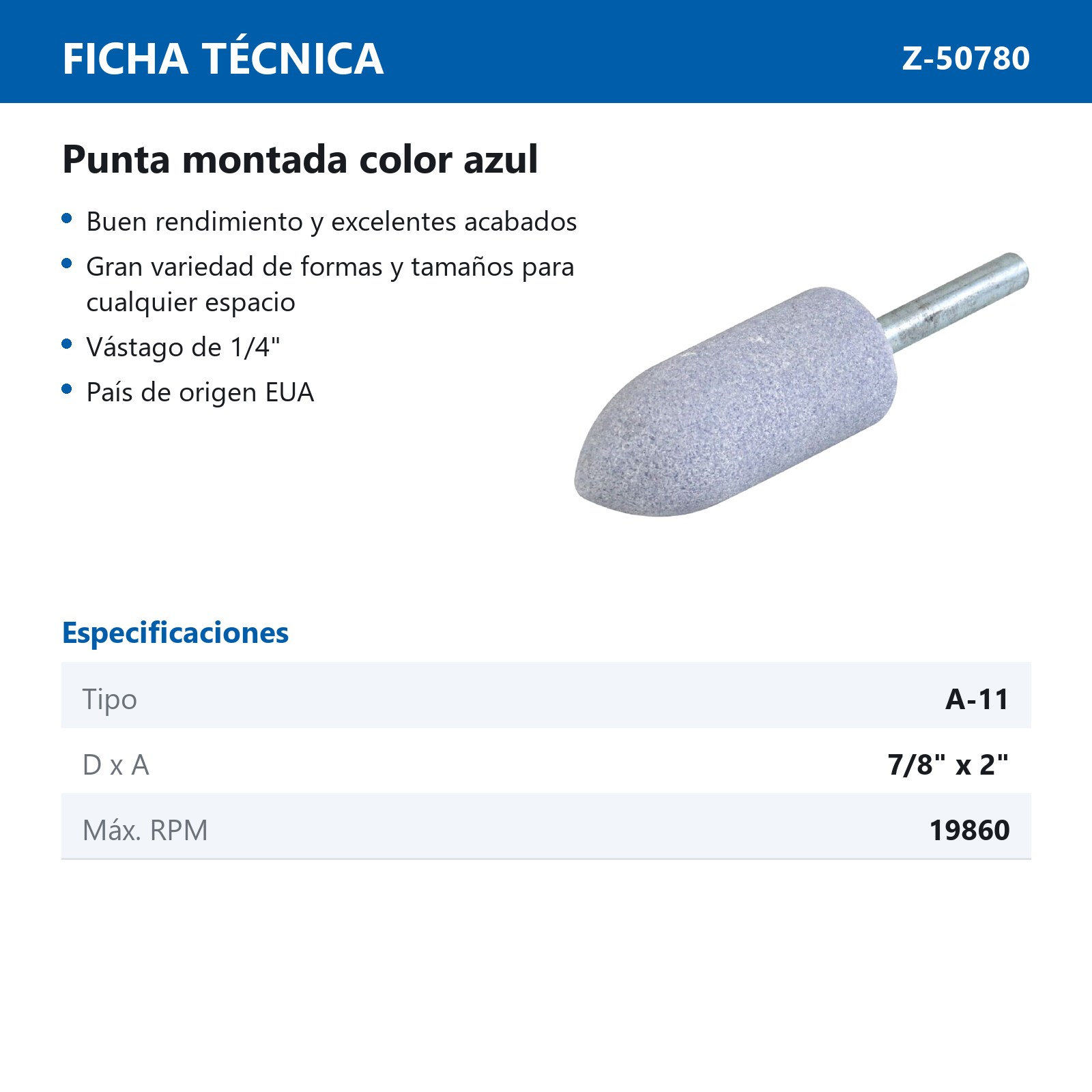 PUNTA MONTADA TIPO 'A11' ZT4 G60  AZUL - Imagen 2