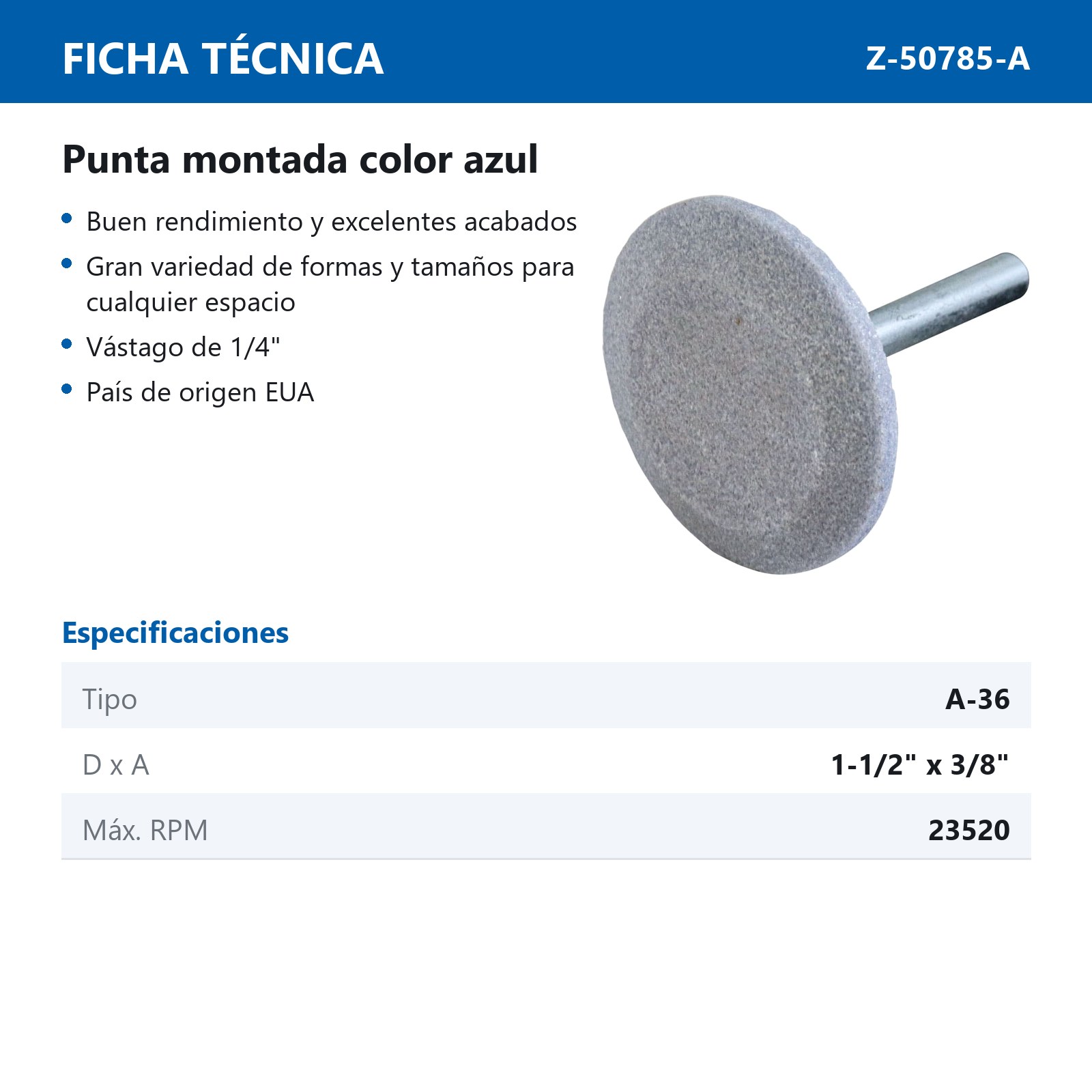 PUNTA MONTADA TIPO 'A36' ZT4 G60  AZUL - Imagen 2