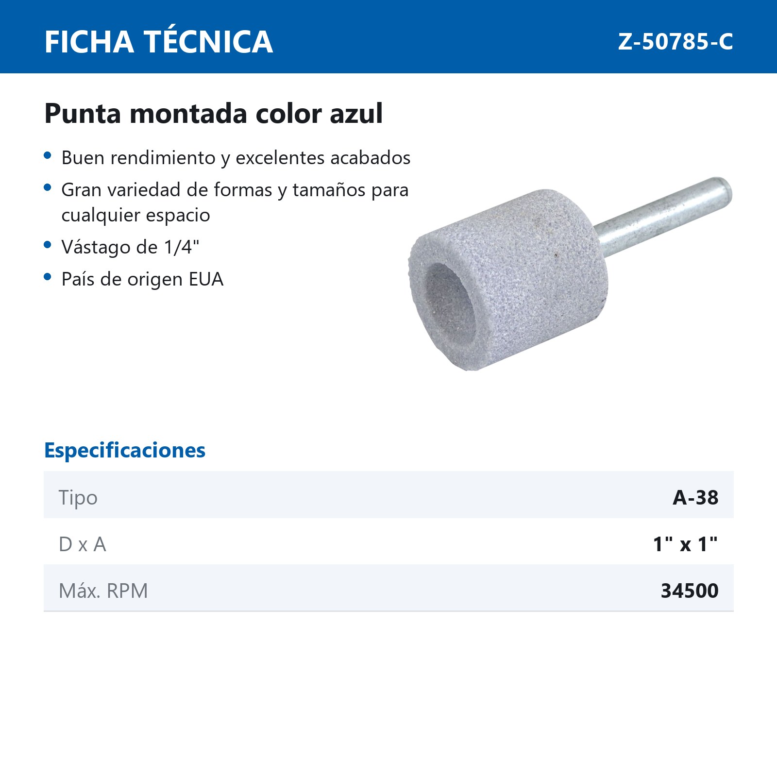 PUNTA MONTADA TIPO 'A38' ZT4 G60  AZUL - Imagen 2