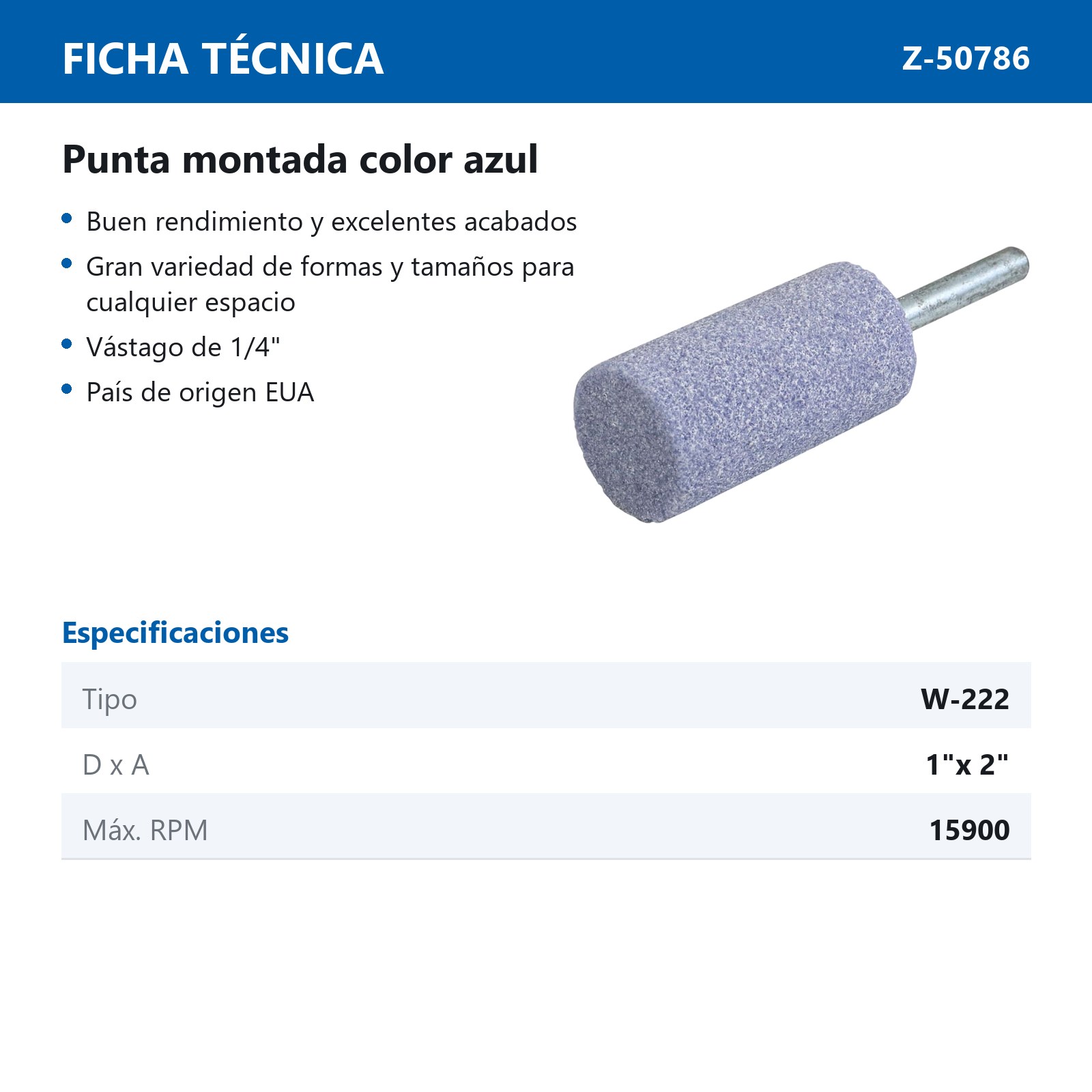 PUNTA MONTADA TIPO 'W222' ZT4 G60  AZUL - Imagen 2