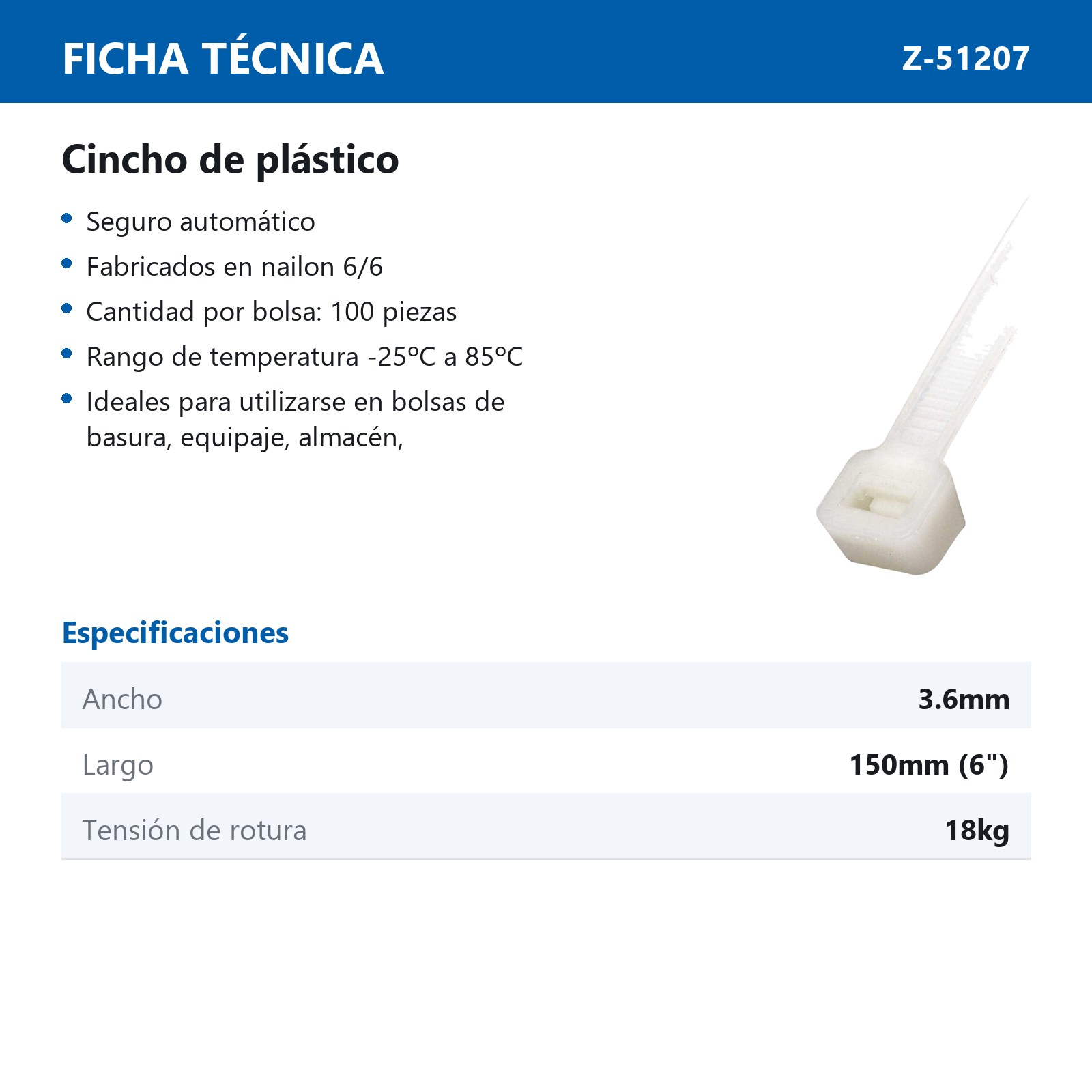 CINCHO PLASTICO BLANCO 3.6 X 150MM    (bolsa c/100) - Imagen 3