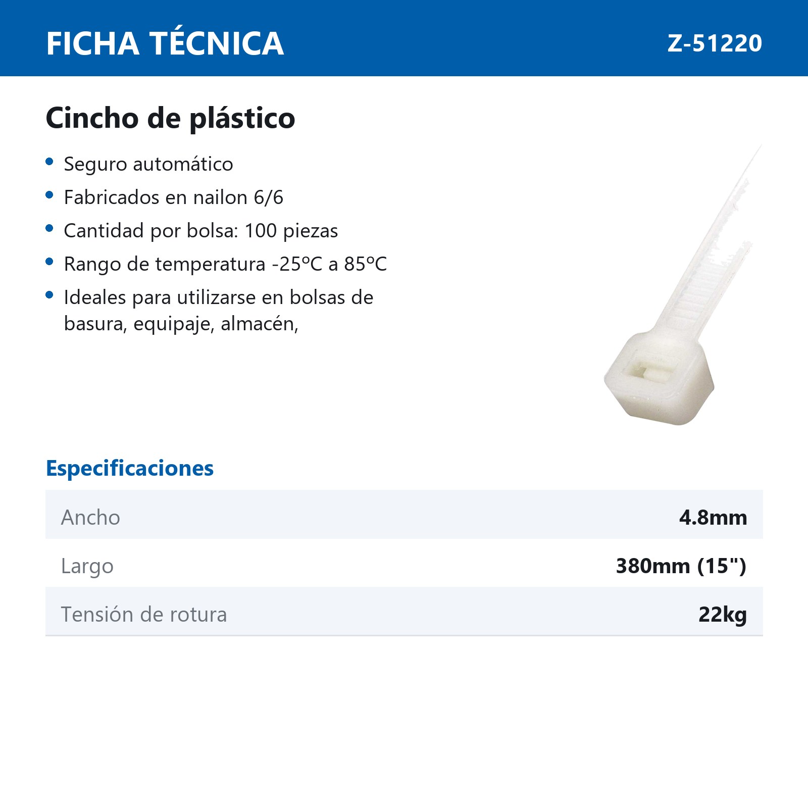 CINCHO PLASTICO BLANCO 4.8 X 380MM    (bolsa c/100) - Imagen 3