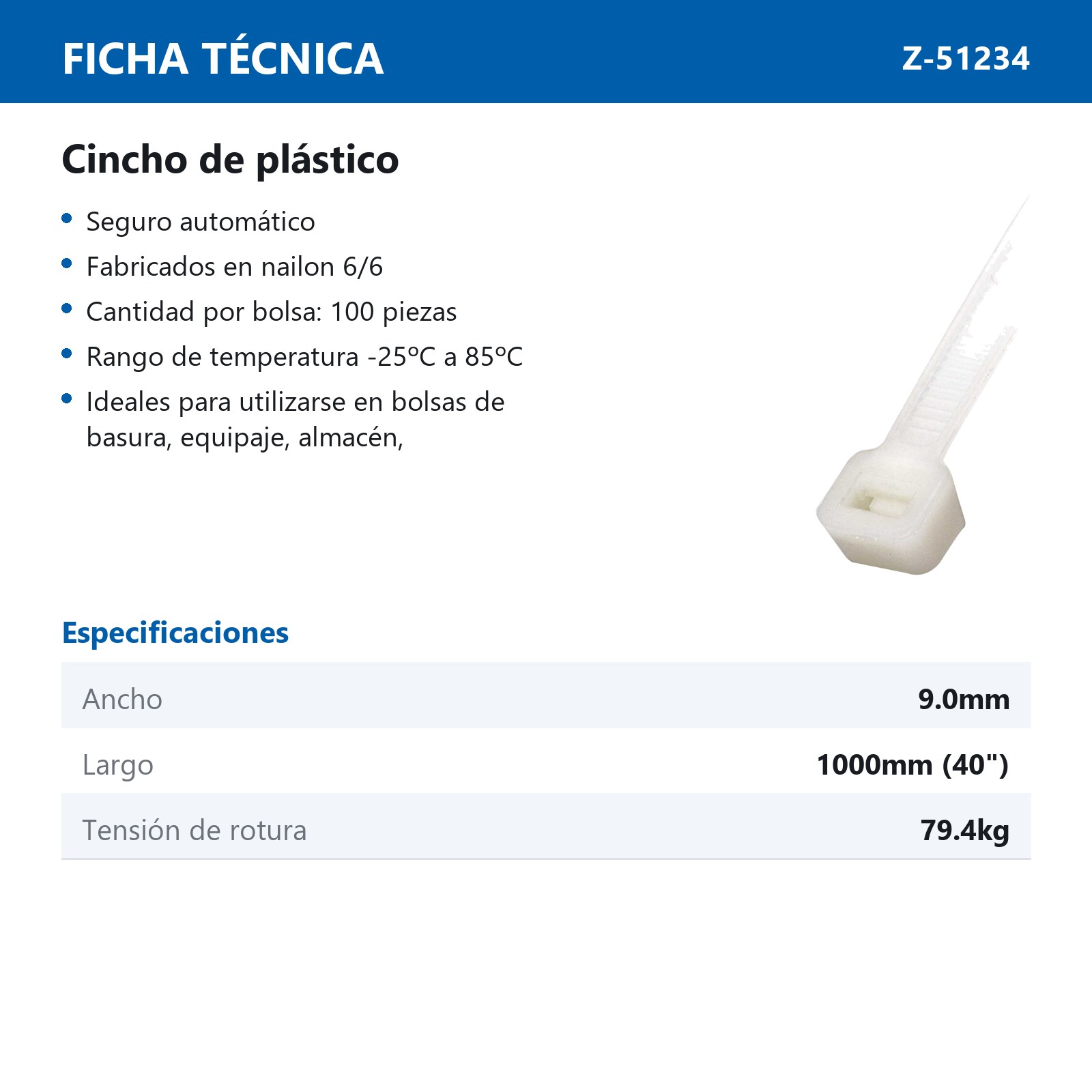 CINCHO PLASTICO BLANCO 9.0 X 1000MM    (bolsa c/100) - Imagen 3