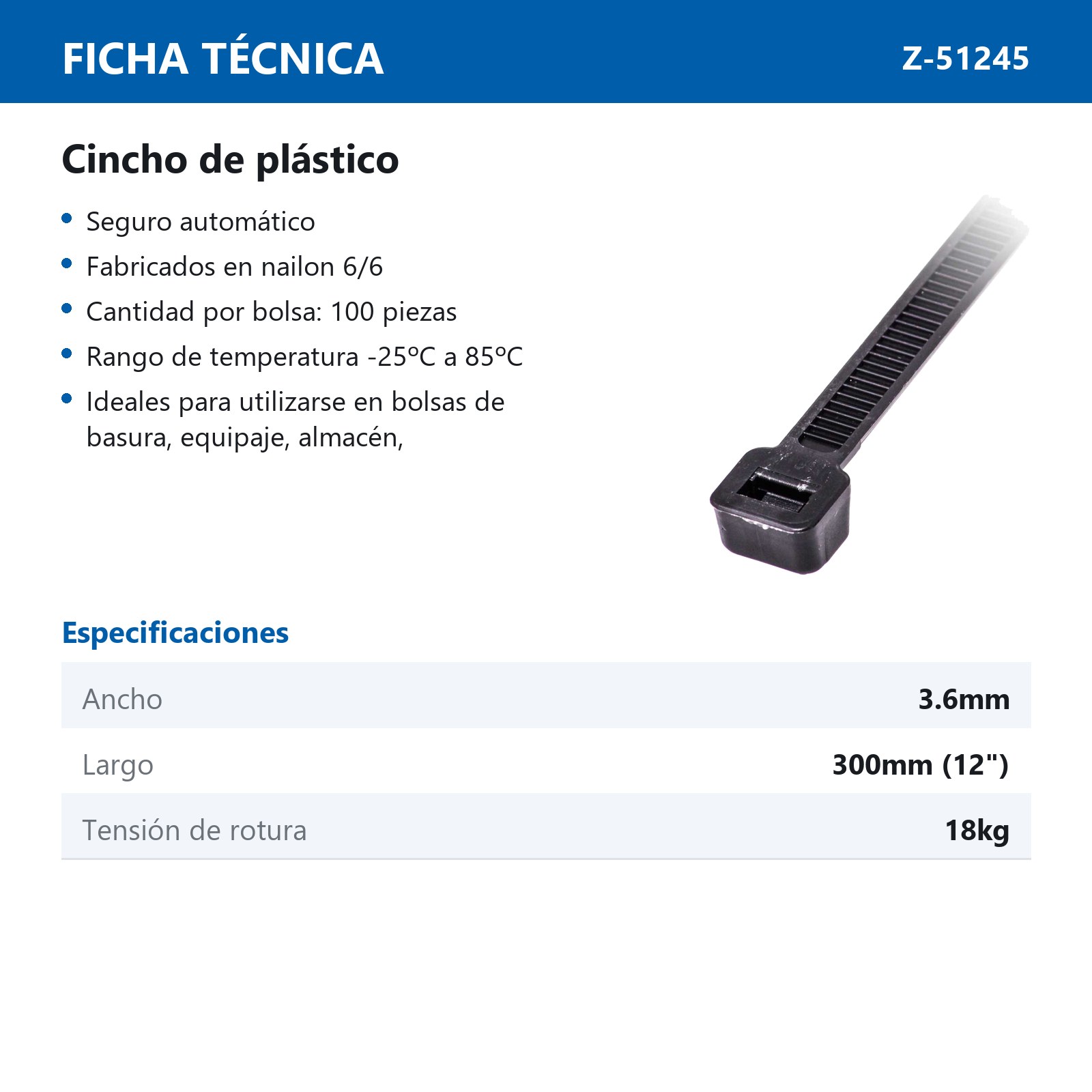 CINCHO PLASTICO NEGRO 3.6 X 300MM    (bolsa c/100) - Imagen 3