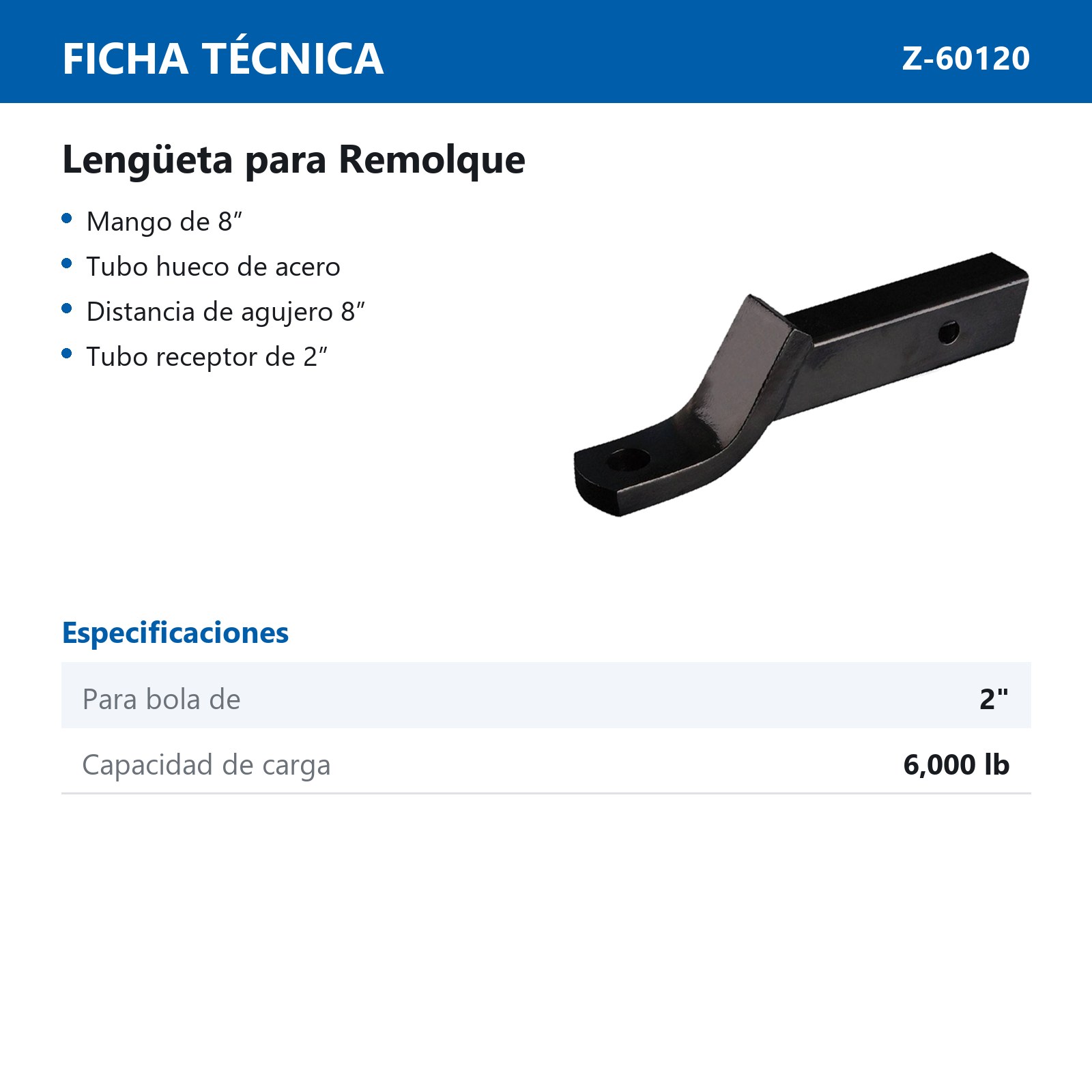 LENGÜETA P/REMOLQUE P/BOLA 2" 6000LBS - Imagen 2