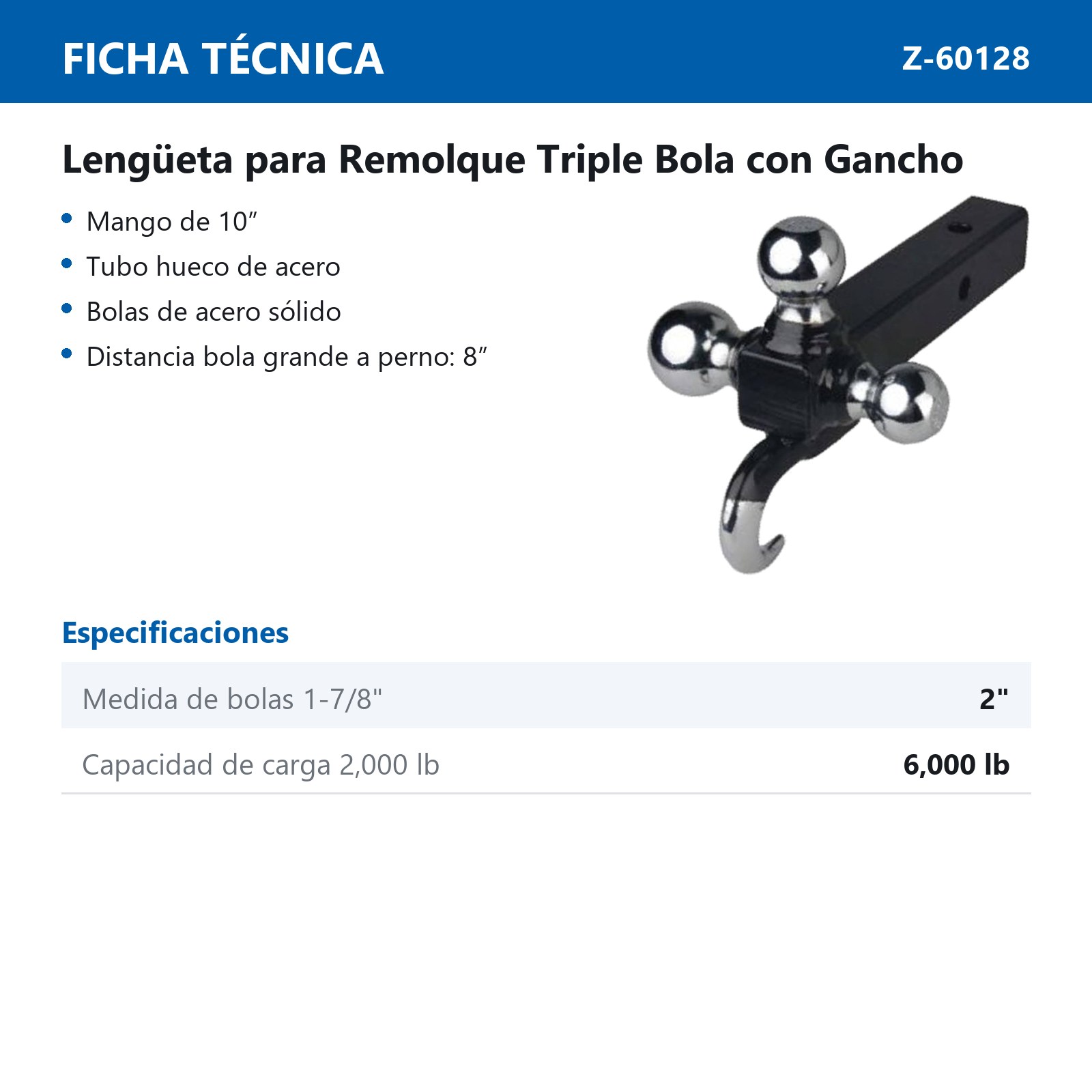 LENGÜETA P/REMOLQUE C/TRIPLE BOLA Y GANCHO - Imagen 2