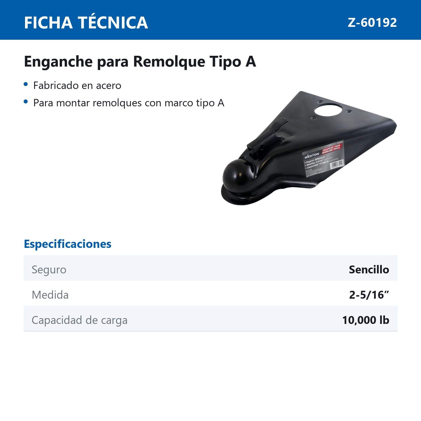 ENGANCHE P/REMOLQUE TIPO "A" C/SEGURO SENCILLO MEDIDA 2-5/16" CAP. 10000 LB - Imagen 2