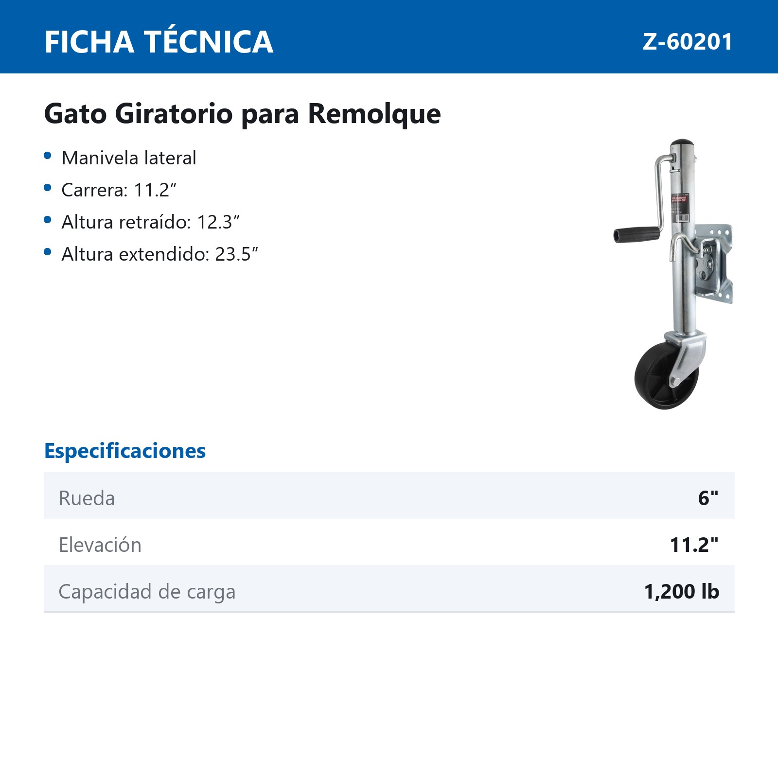 GATO P/REMOLQUE GIRATORIO C/RUEDA 6"x2" MANIVELA LATERAL CAP. 1200 LB - Imagen 2