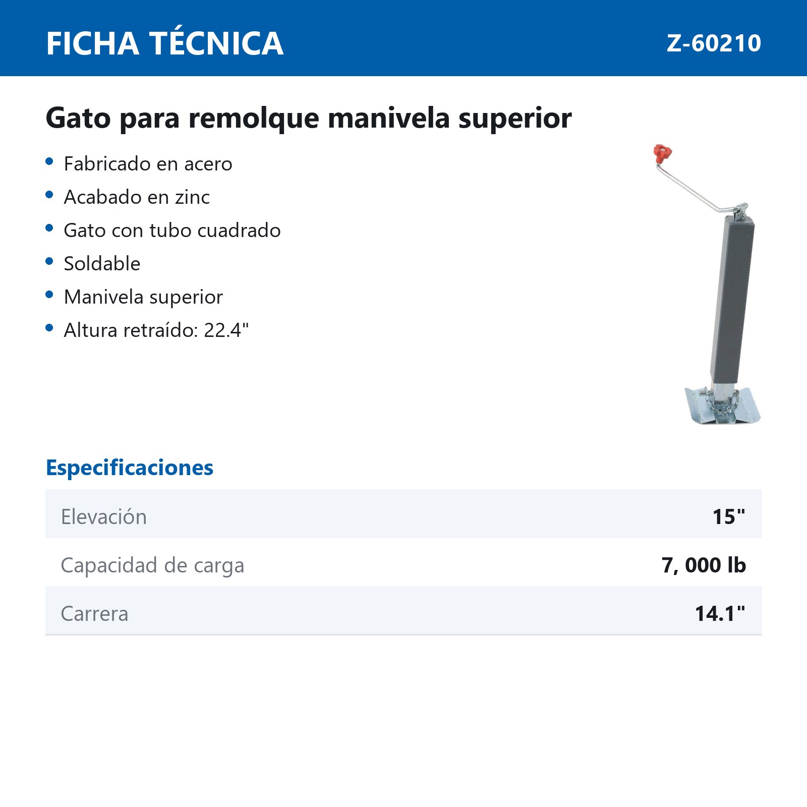 GATO P/REMOLQUE SOLDABLE C/TUBO CUADRADO MANIVELA SUPERIOR CAP. 7000 LB - Imagen 2