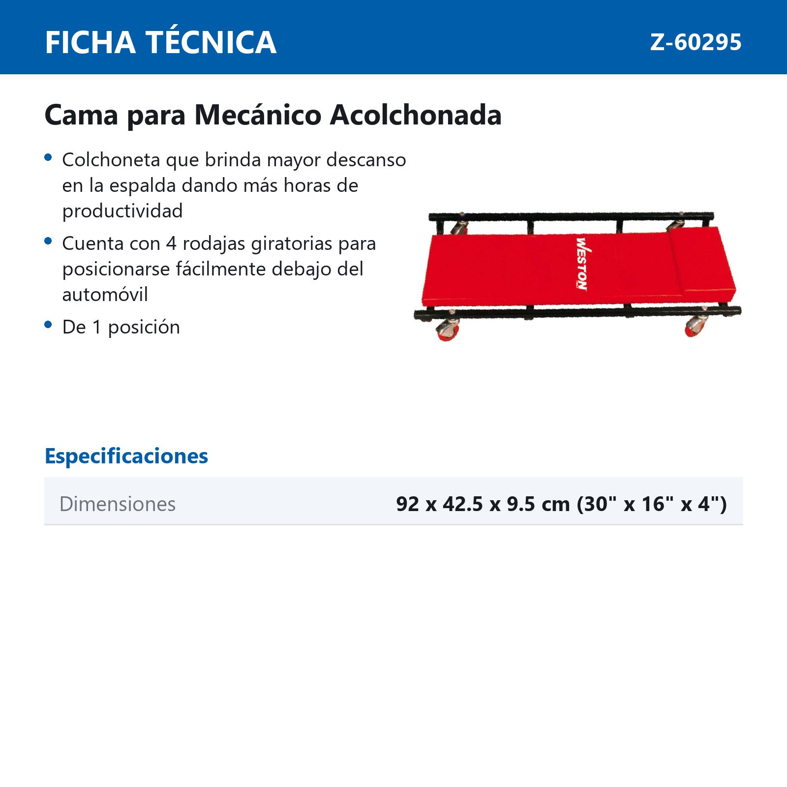 CAMA PARA MECANICO ACOLCHONADA 30" - Imagen 2