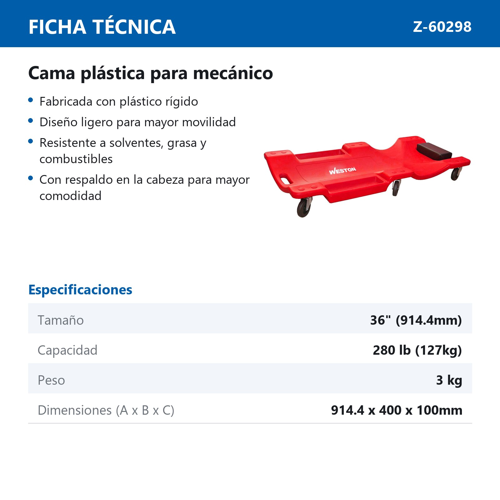 CAMA PLASTICA P/MECANICO 36" - Imagen 2