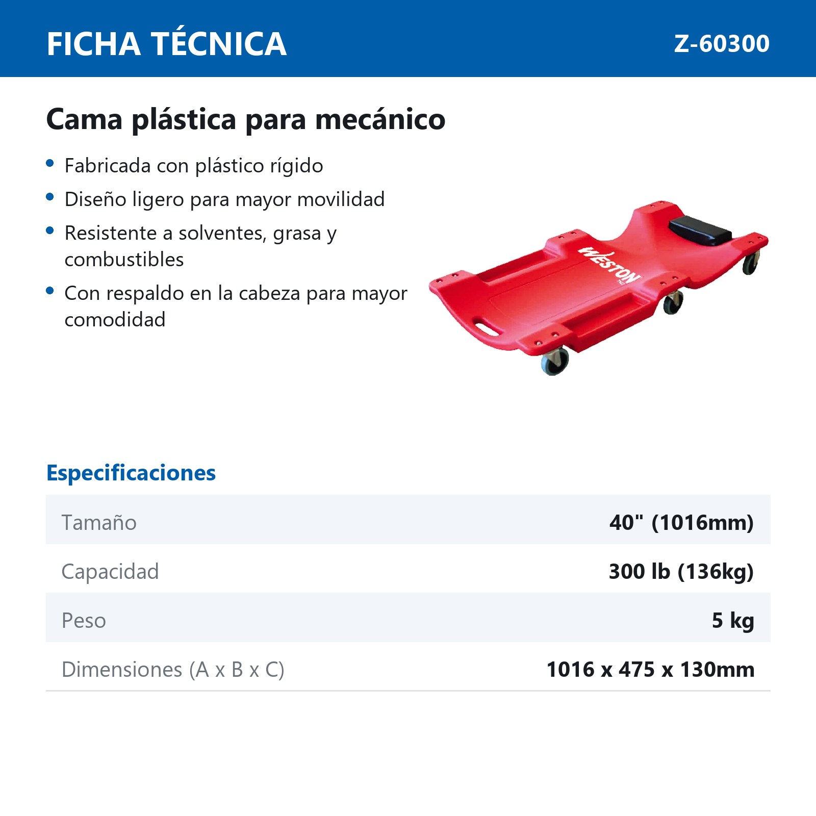 CAMA PLASTICA P/MECANICO 40" - Imagen 2