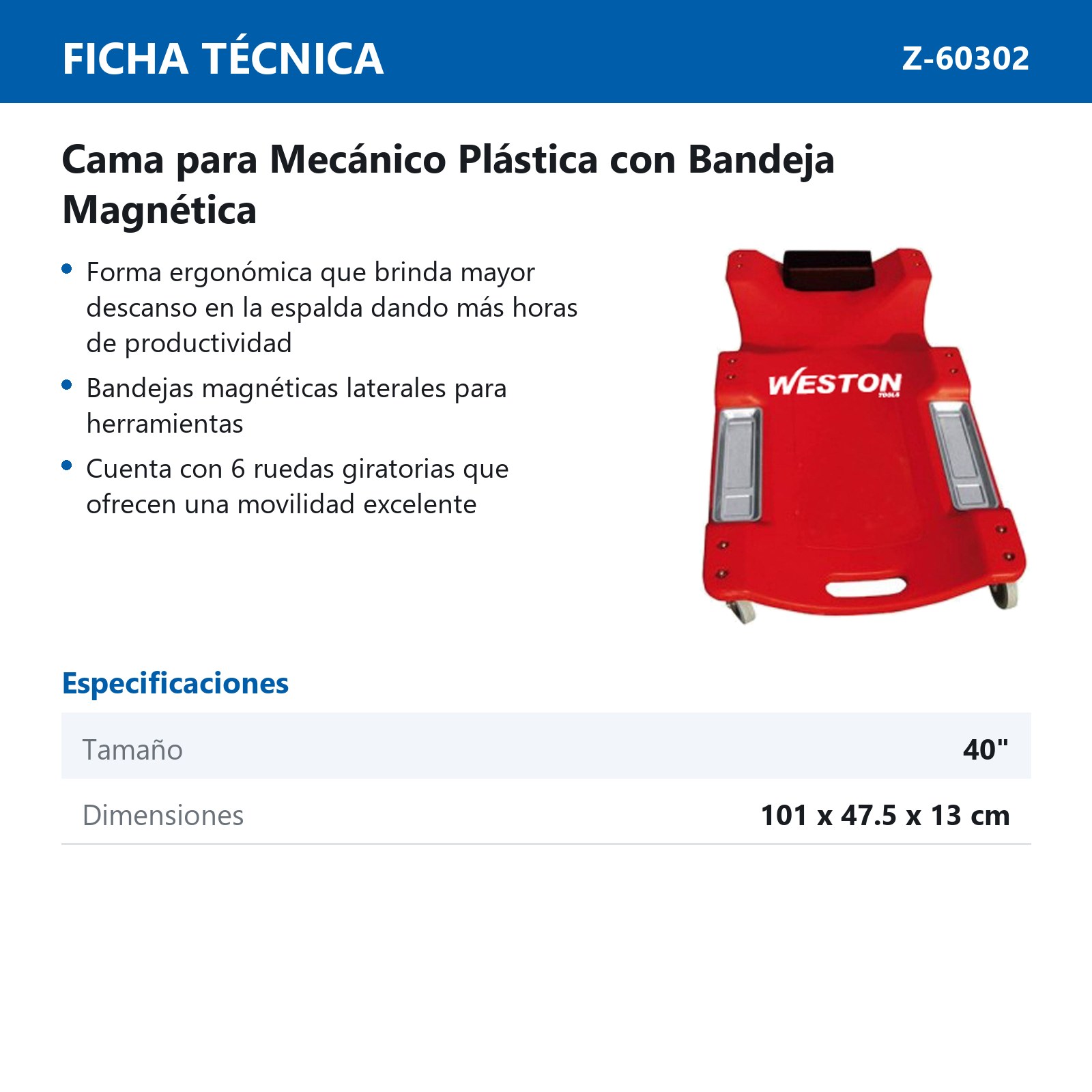 CAMA PLASTICA P/MECANICO 40" C/BANDEJA M - Imagen 2