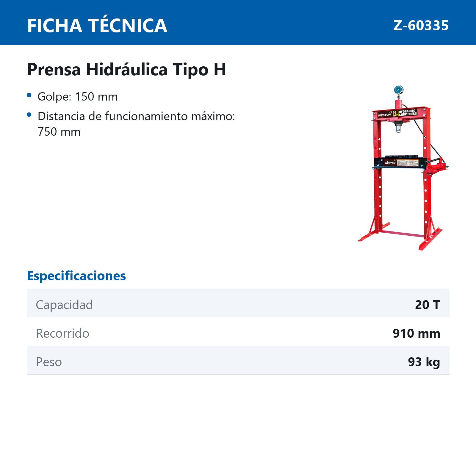 PRENSA HIDRAULICA TIPO H 20T - Imagen 2
