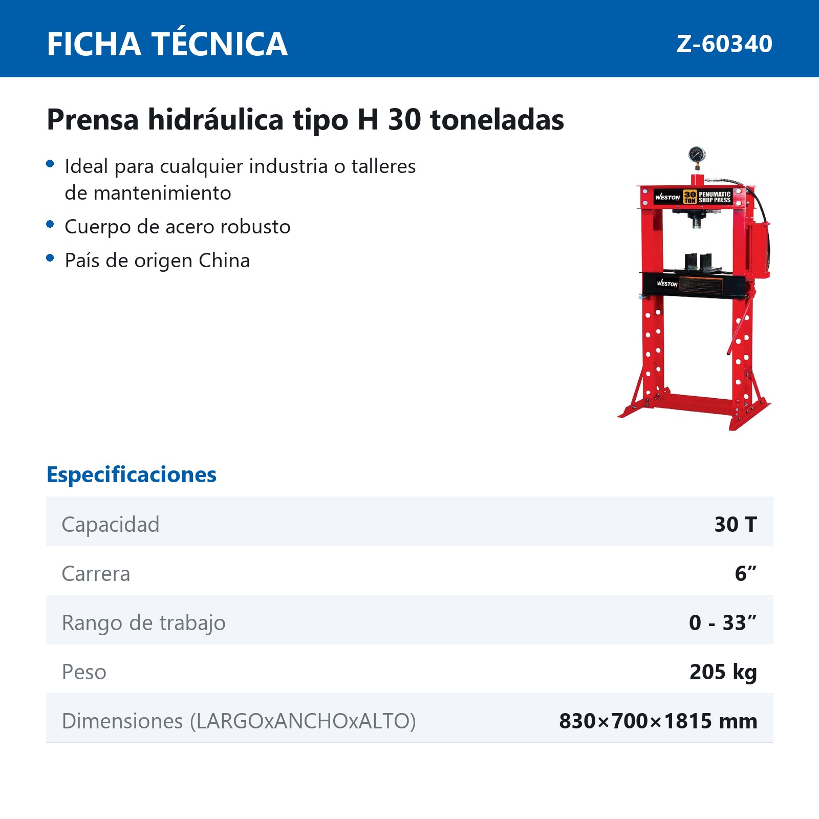 PRENSA HIDRAULICA TIPO H 30T - Imagen 2