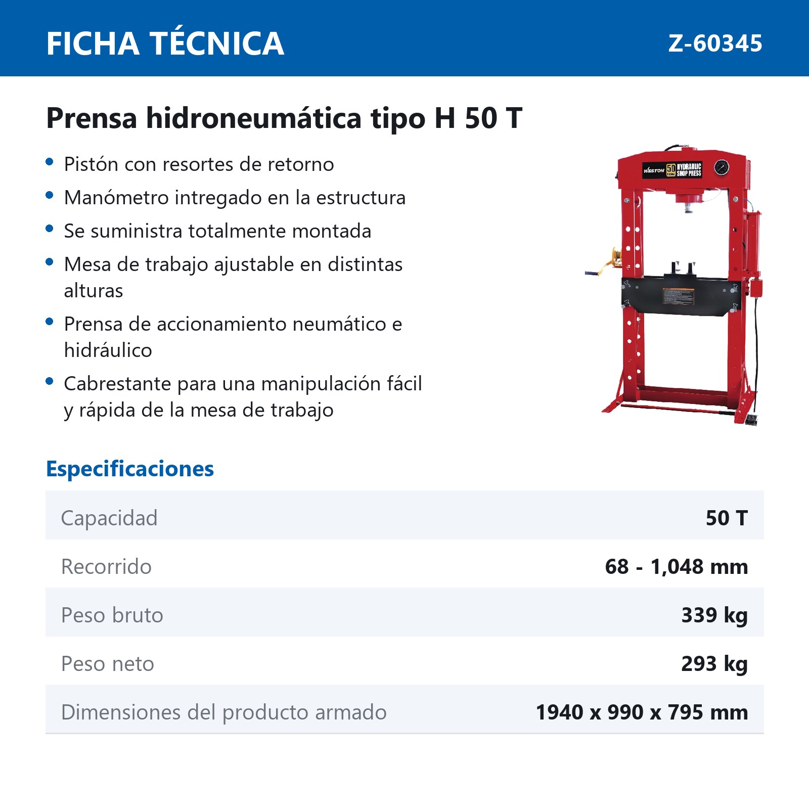 PRENSA HIDRONEUMATICA TIPO H 50T - Imagen 2