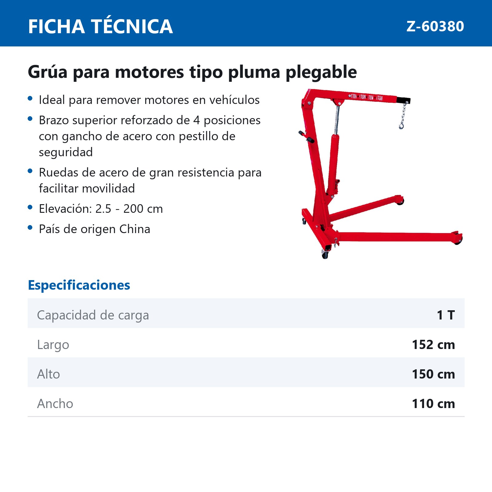GRUA P/MOTORES T/PLUMA PLEGABLE 1 TON - Imagen 2