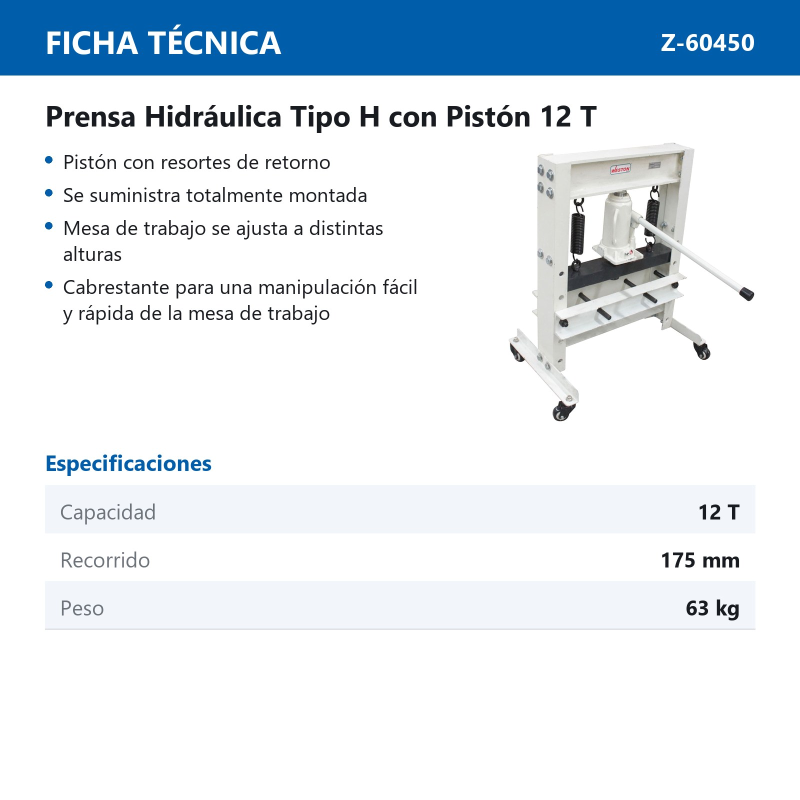 PRENSA HIDRAULICA TIPO H C/PISTON 12 TON - Imagen 4