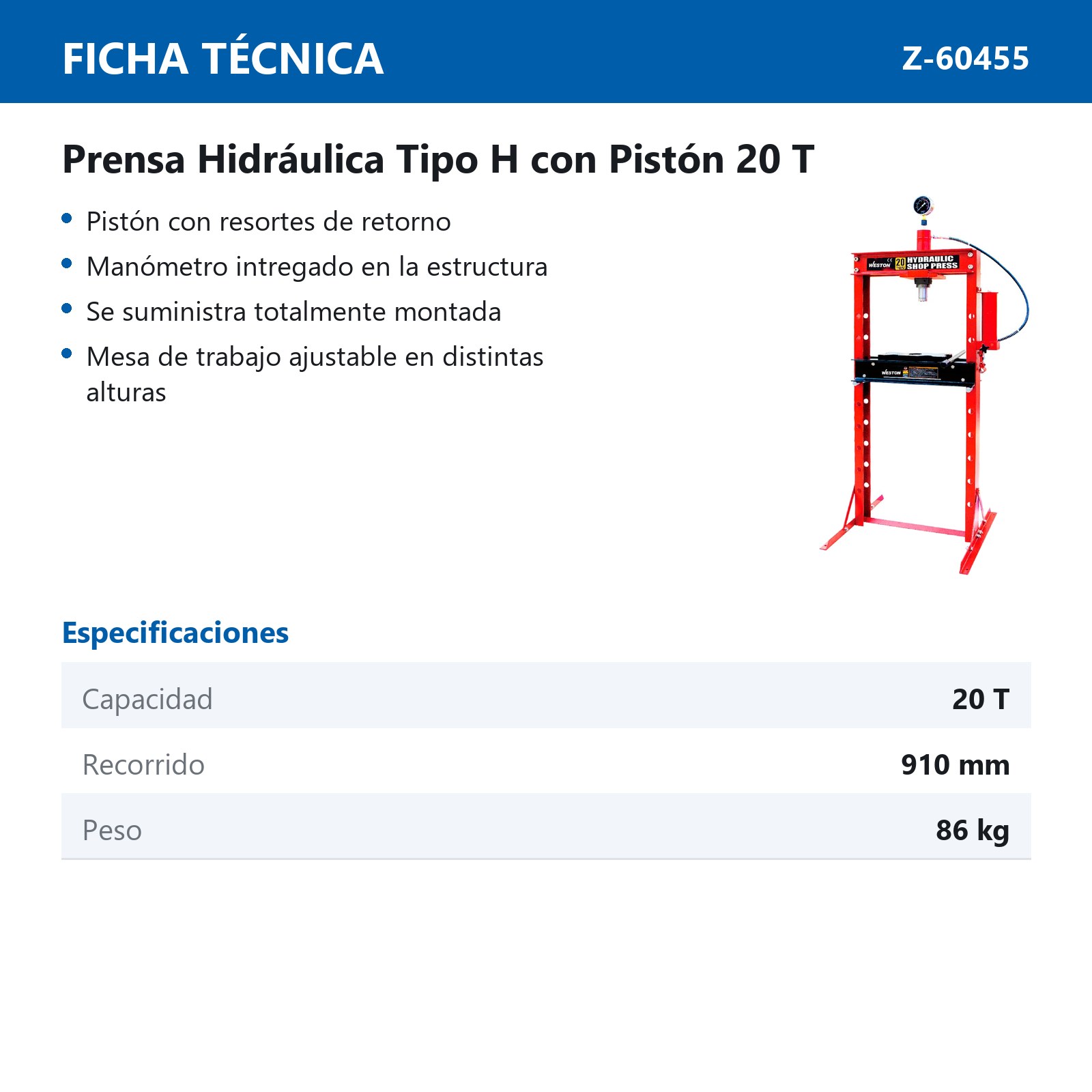 PRENSA HIDRAULICA TIPO H C/PISTON 20 TON - Imagen 2