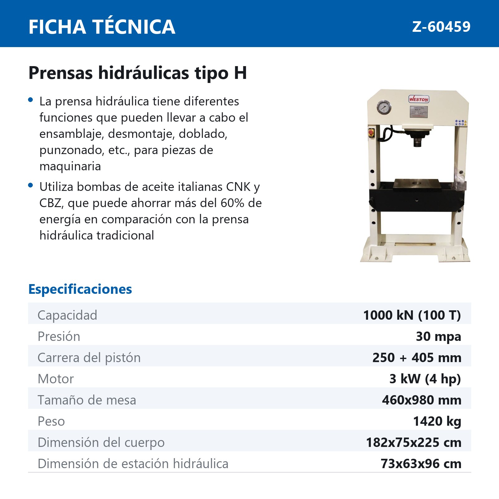 PRENSA HIDRAULICA TIPO H 100TON - Imagen 2