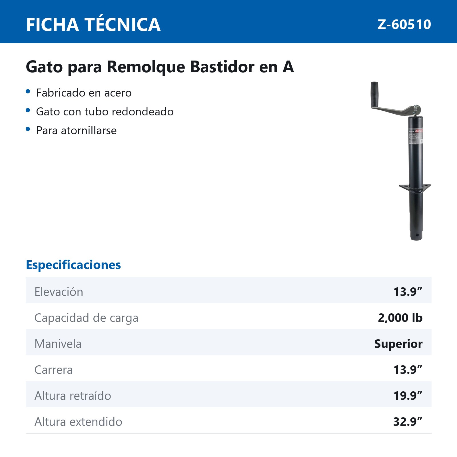 GATO P/REMOLQUE BASTIDOR EN "A" C/TUBO REDONDO MANIVELA SUPERIOR CAP. 2000 LB - Imagen 2