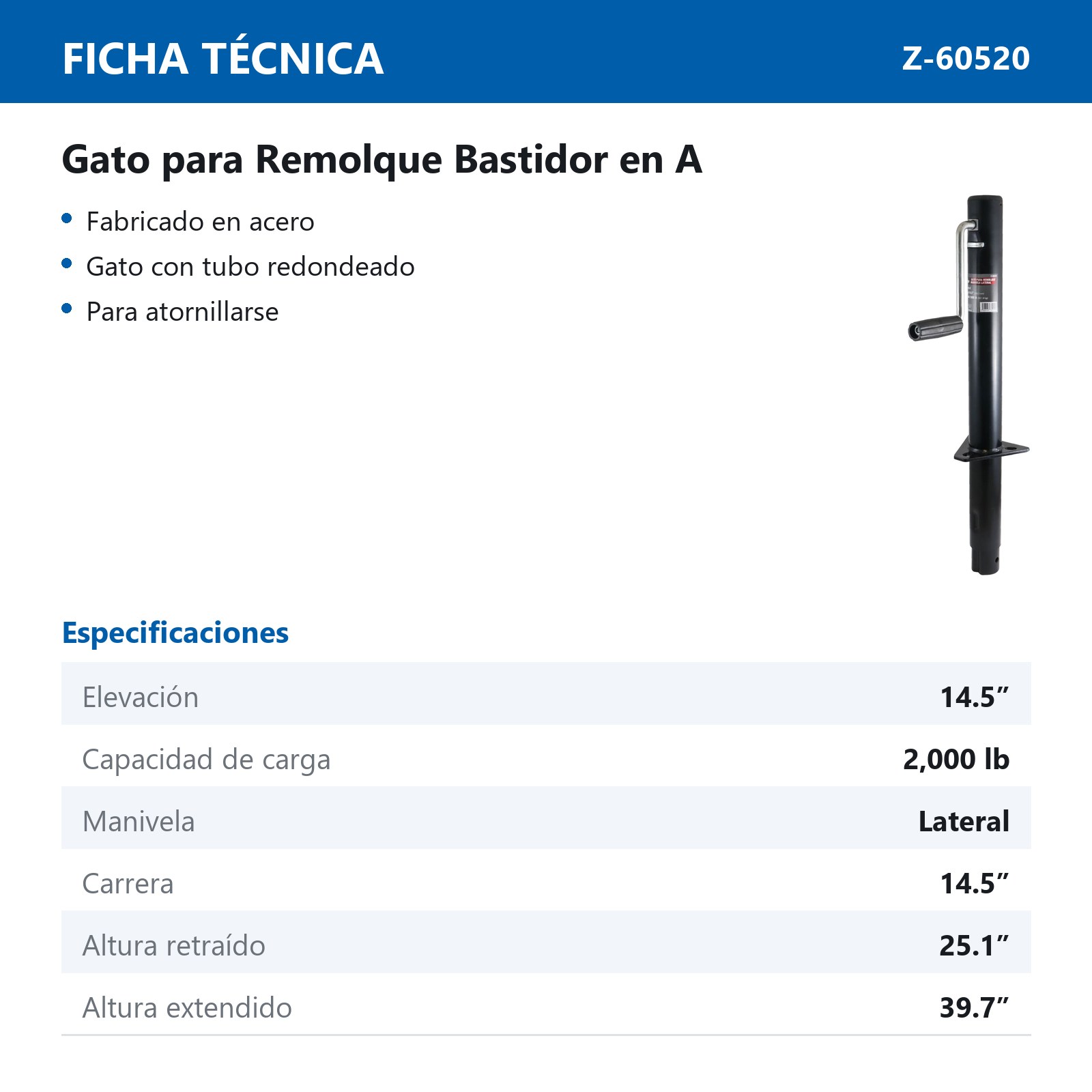 GATO P/REMOLQUE BASTIDOR EN "A" C/TUBO REDONDO MANIVELA LATERAL CAP. 2000 LB - Imagen 2