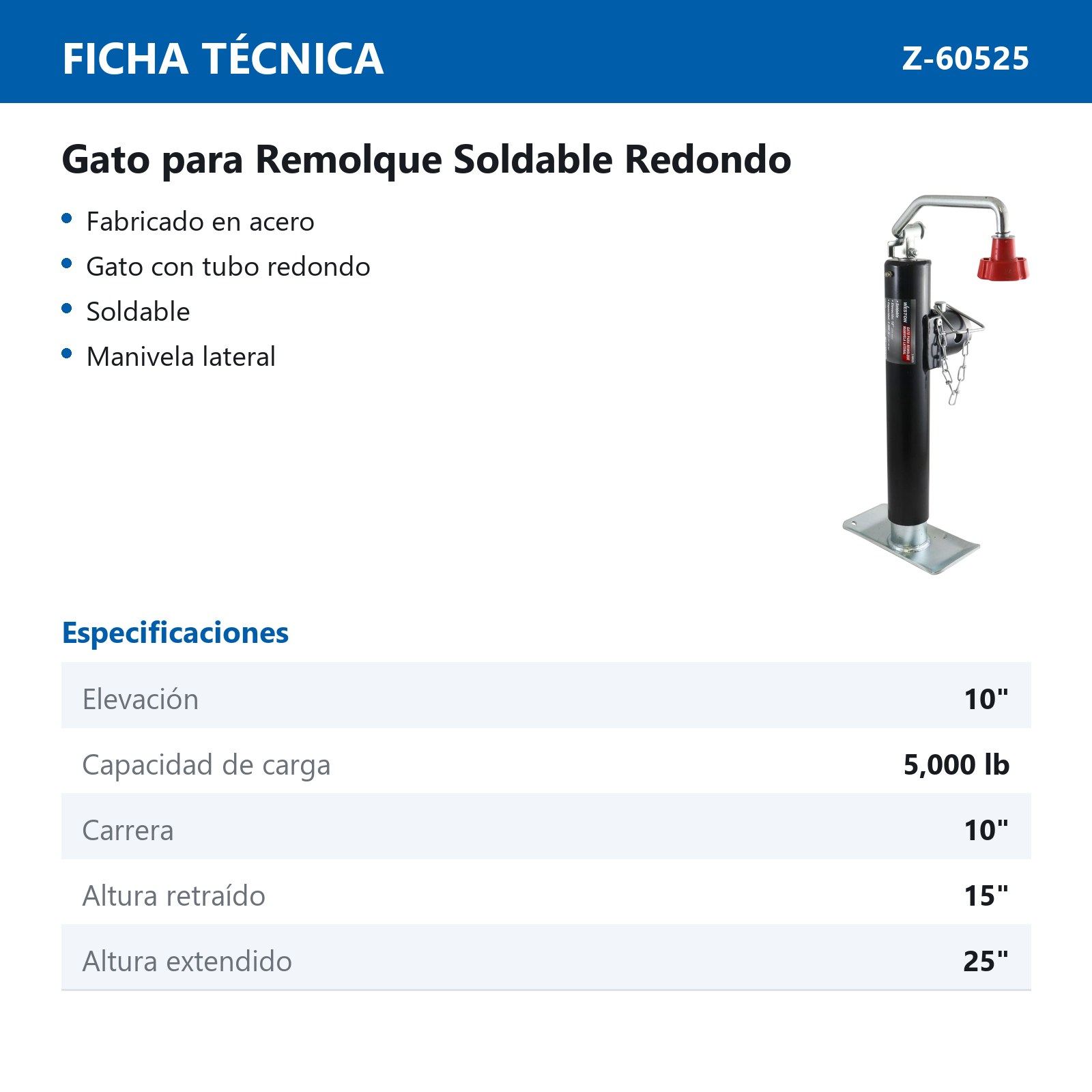 GATO P/REMOLQUE SOLDABLE C/TUBO REDONDO MANIVELA LATERAL CAP. 5000 LB - Imagen 2