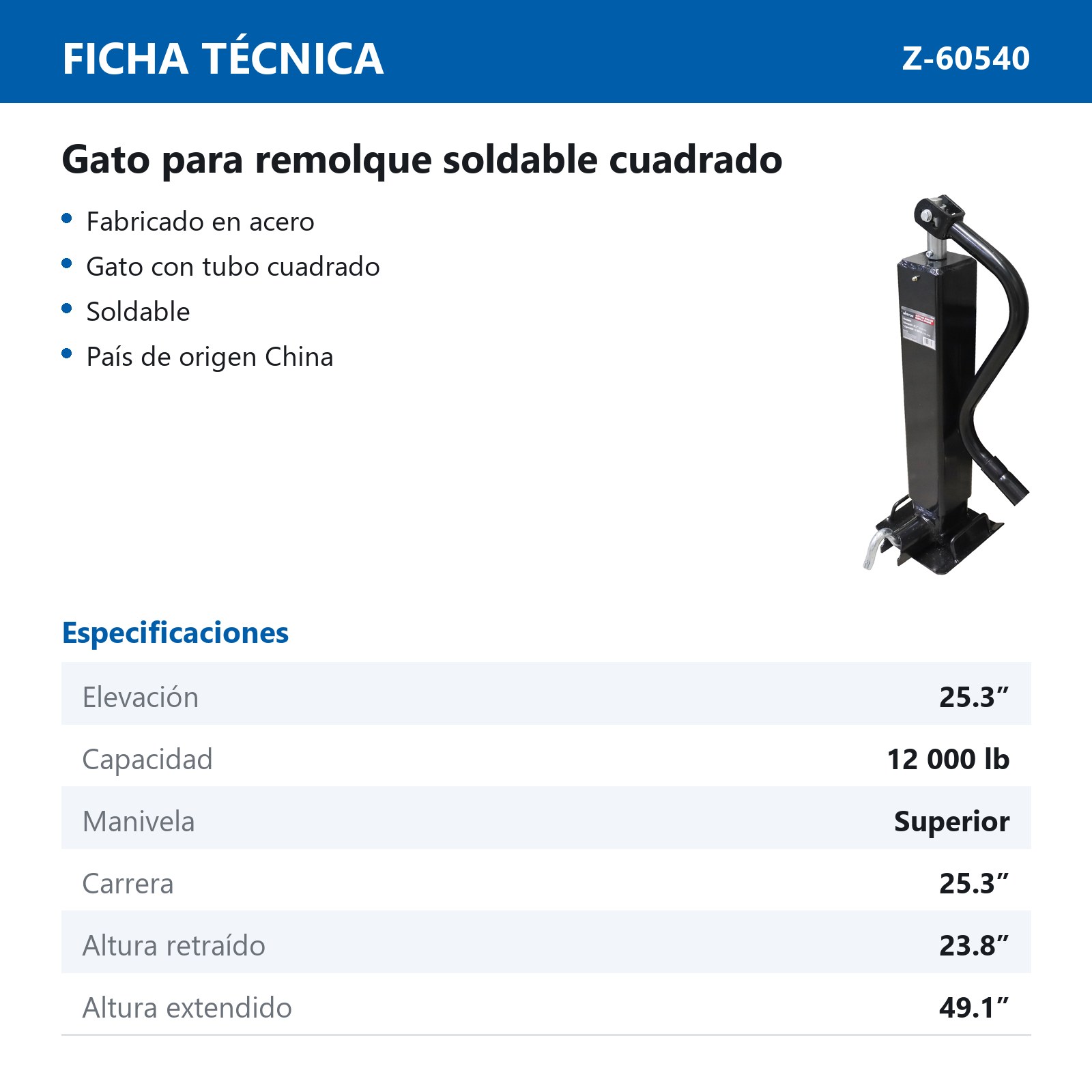 GATO P/REMOLQUE SOLDABLE C/TUBO CUADRADO MANIVELA SUPERIOR CAP. 12000 LB - Imagen 2