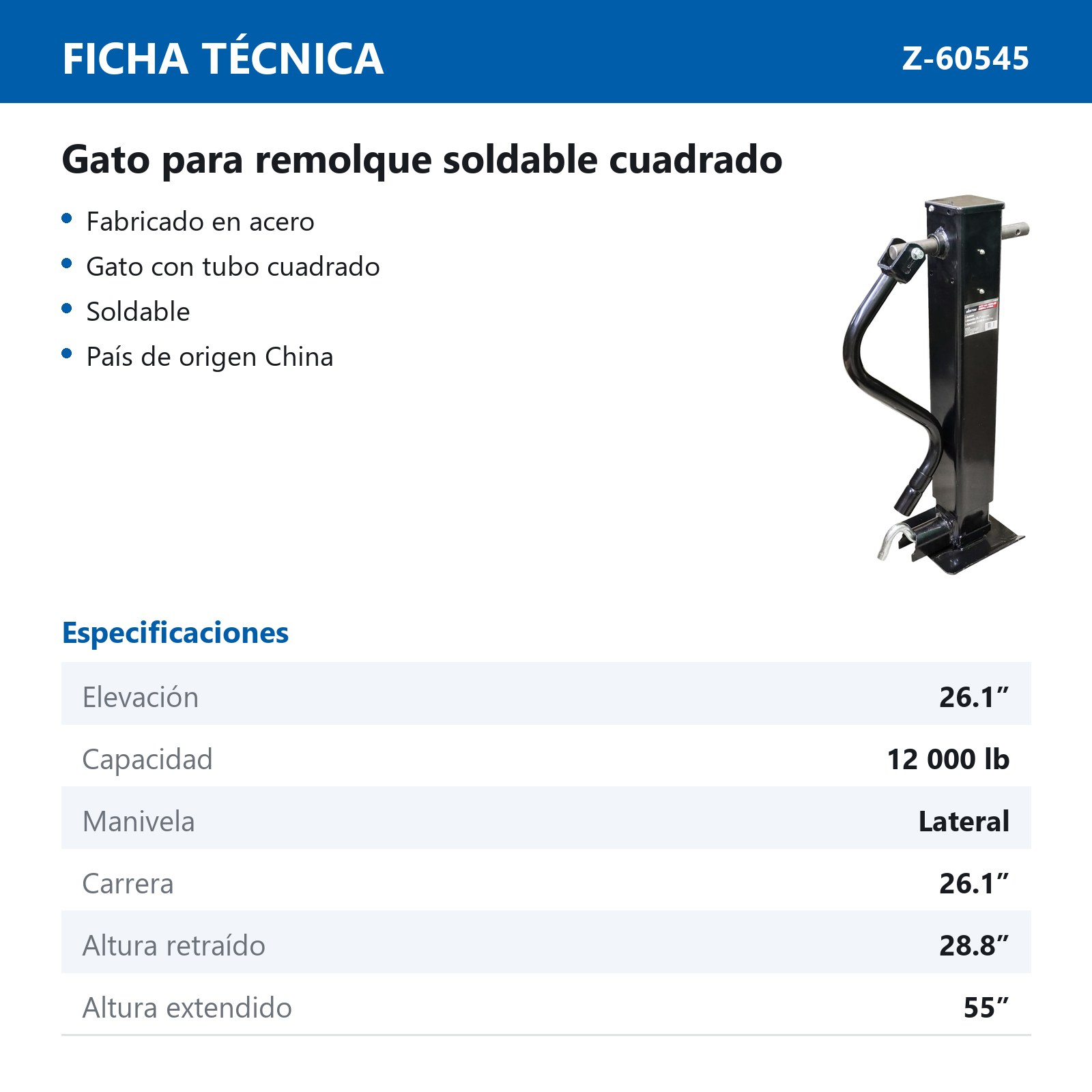 GATO P/REMOLQUE SOLDABLE C/TUBO CUADRADO MANIVELA LATERAL CAP. 12000 LB - Imagen 2