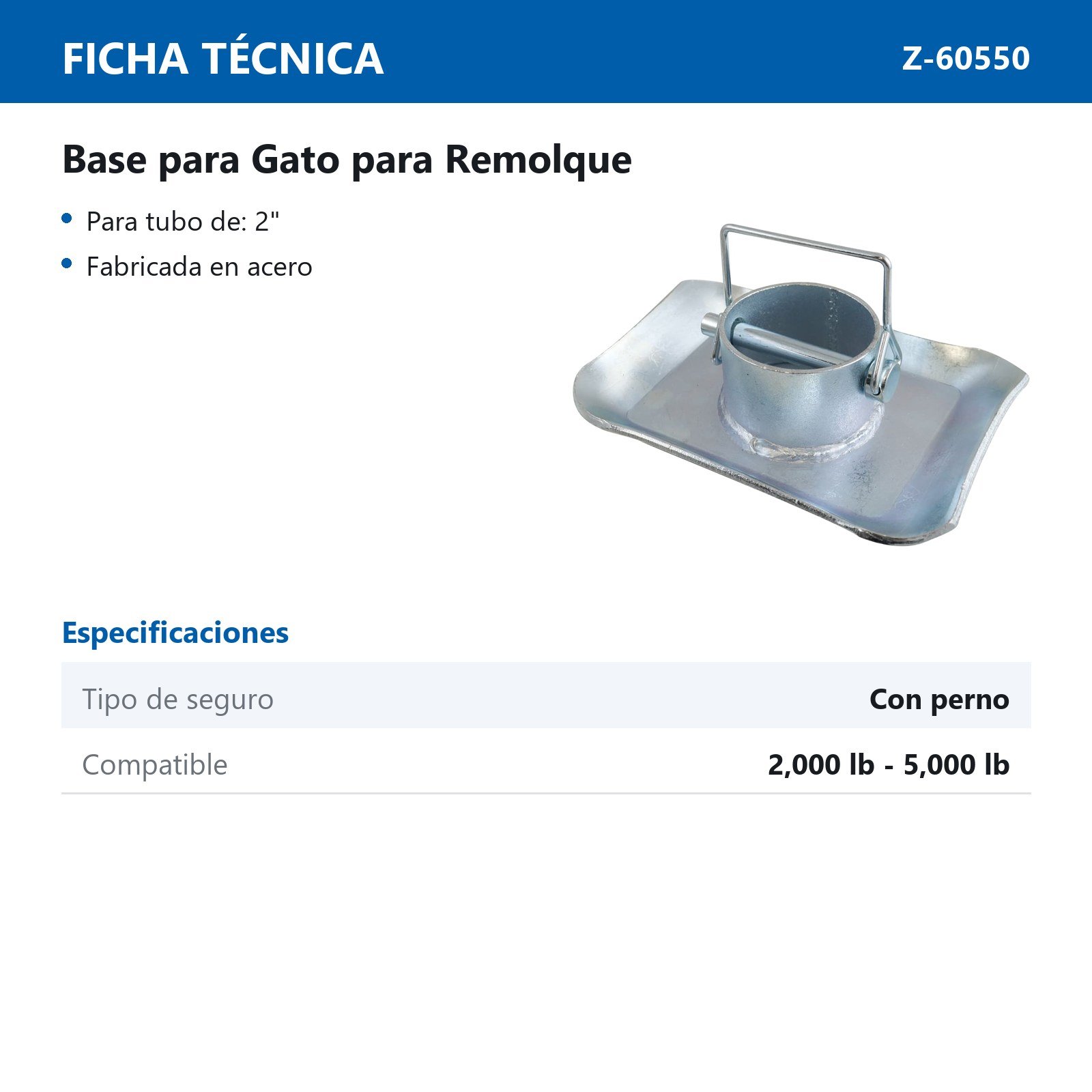 BASE P/GATO P/REMOLQUE C/PERNO P/TUBO DE 2" COMP. 2000 - 5000 LB - Imagen 2