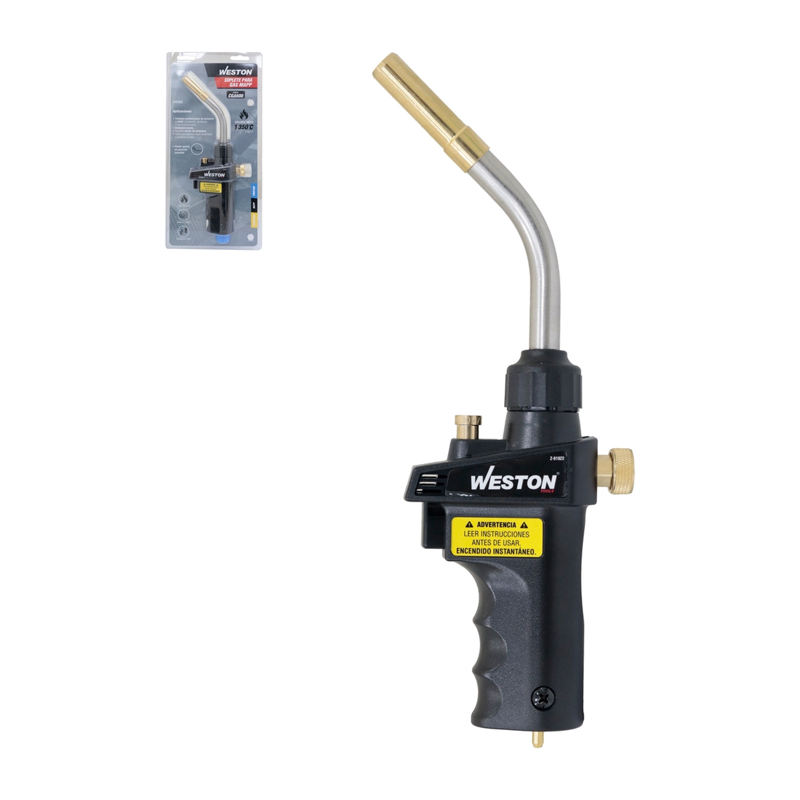 SOPLETE MAPP 1350°C CGA600 ENCENDIDO P/GATILLO CUERPO D/LATON ACERO INOX.