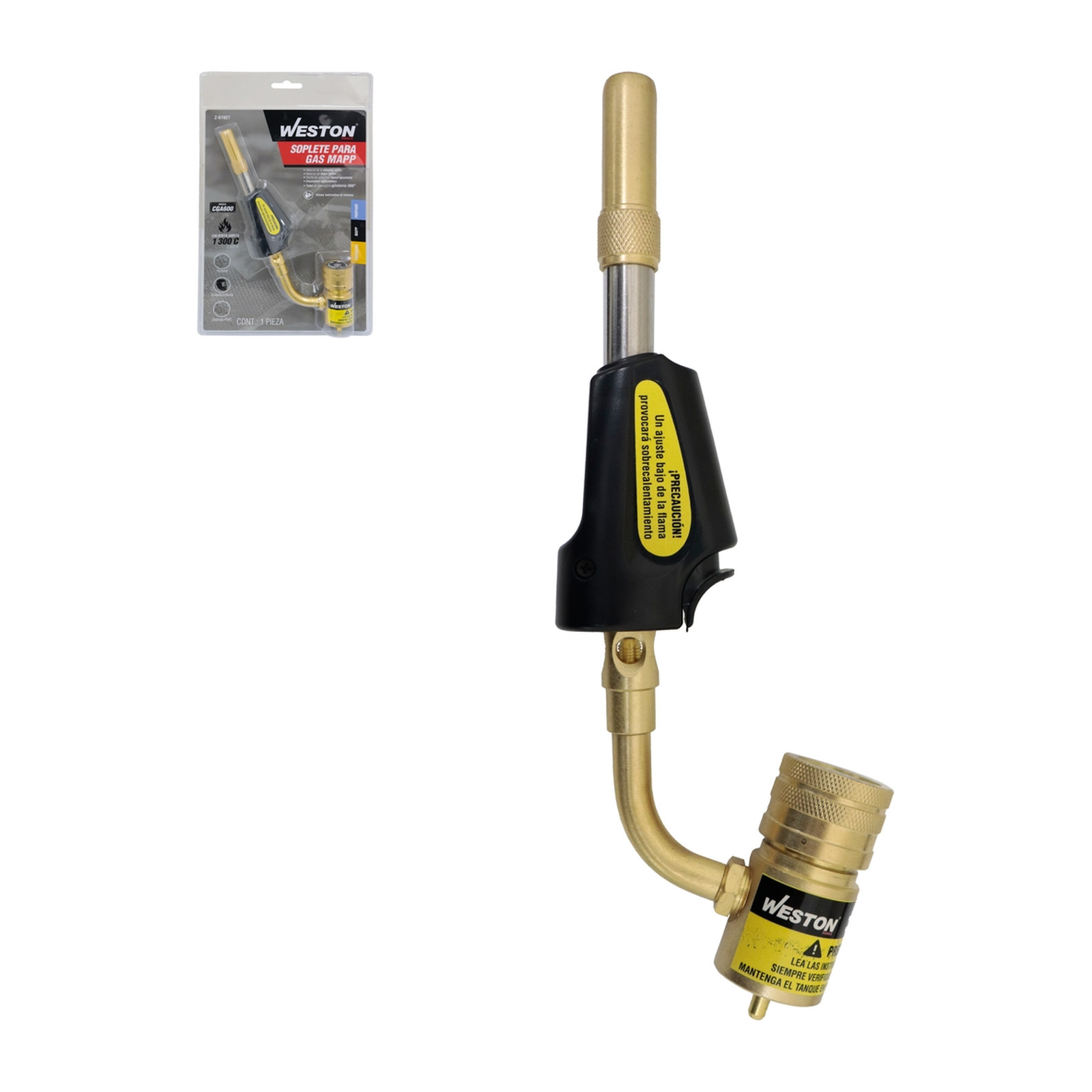 SOPLETE MAPP 1300°C CGA600 AUTOENCENDIDO VALVULA D/LATON CUERPO D/ACERO INOX. TUBO GIRATORIO 360°