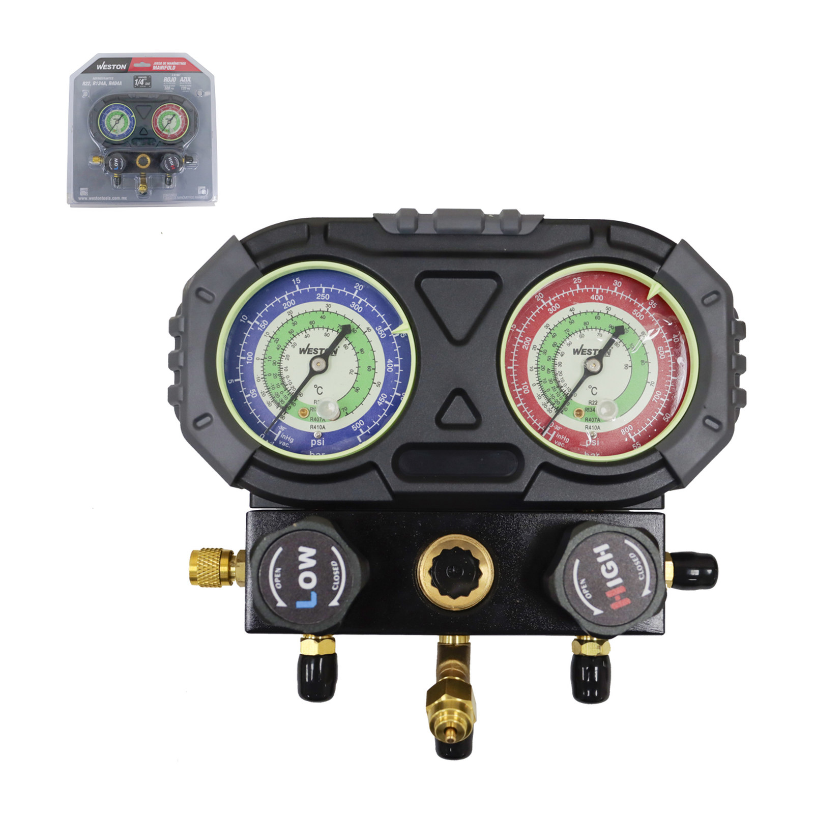 JUEGO D/MANOMETROS MANIFOLD REFRIGERANTES R22 R134A R404A