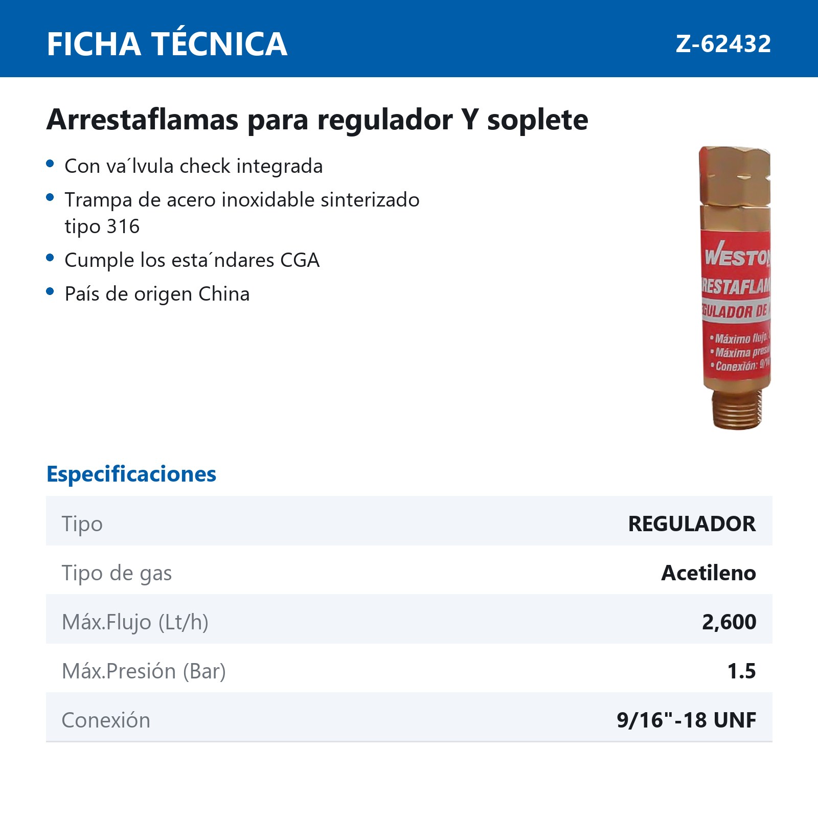 ARRESTAFLAMAS DE ACETILENO P/REGULADOR - Imagen 3