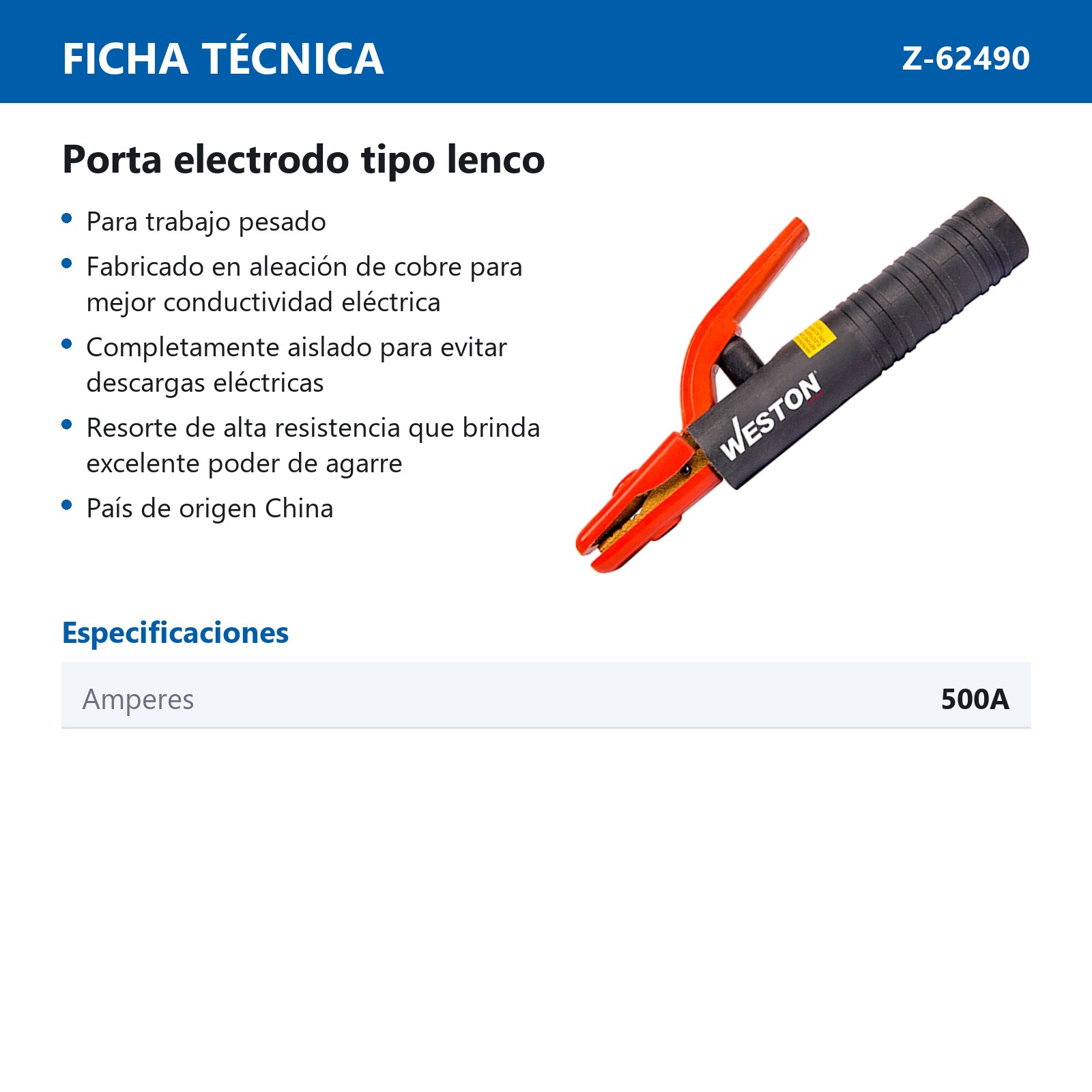PORTA ELECTRODO 500A TIPO LENCO - Imagen 2